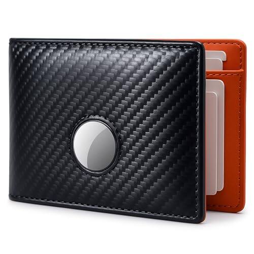 Front. Vulpecula Spade - Mens Wallet With AirTag Holder, Trackable Smart RFID Blocking Front Pocket Wallet, AirTag Not Included - Black and Orange.