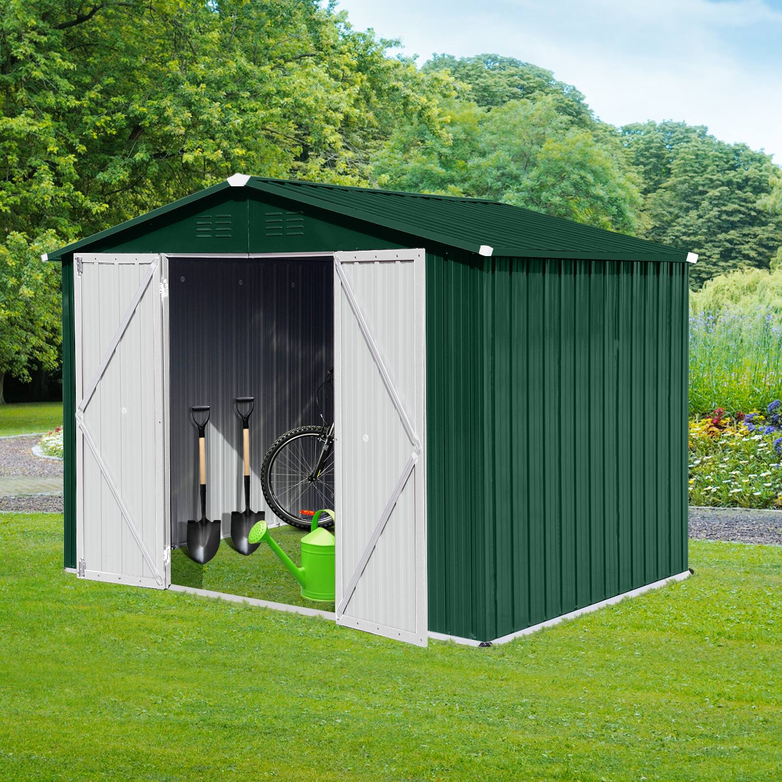 Angle. Anysun - 8x6ft Heavy-Duty Metal Storage Shed with Apex Roof, Hinged Door & Integrated Vents, Outdoor Tool Shed with Padlock - Green.