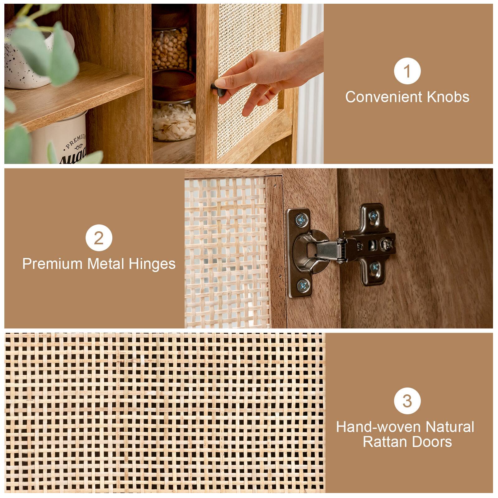 1 Convenient Knobs
2 Premium Metal Hinges
3 Hand-woven Natural Rattan Doors