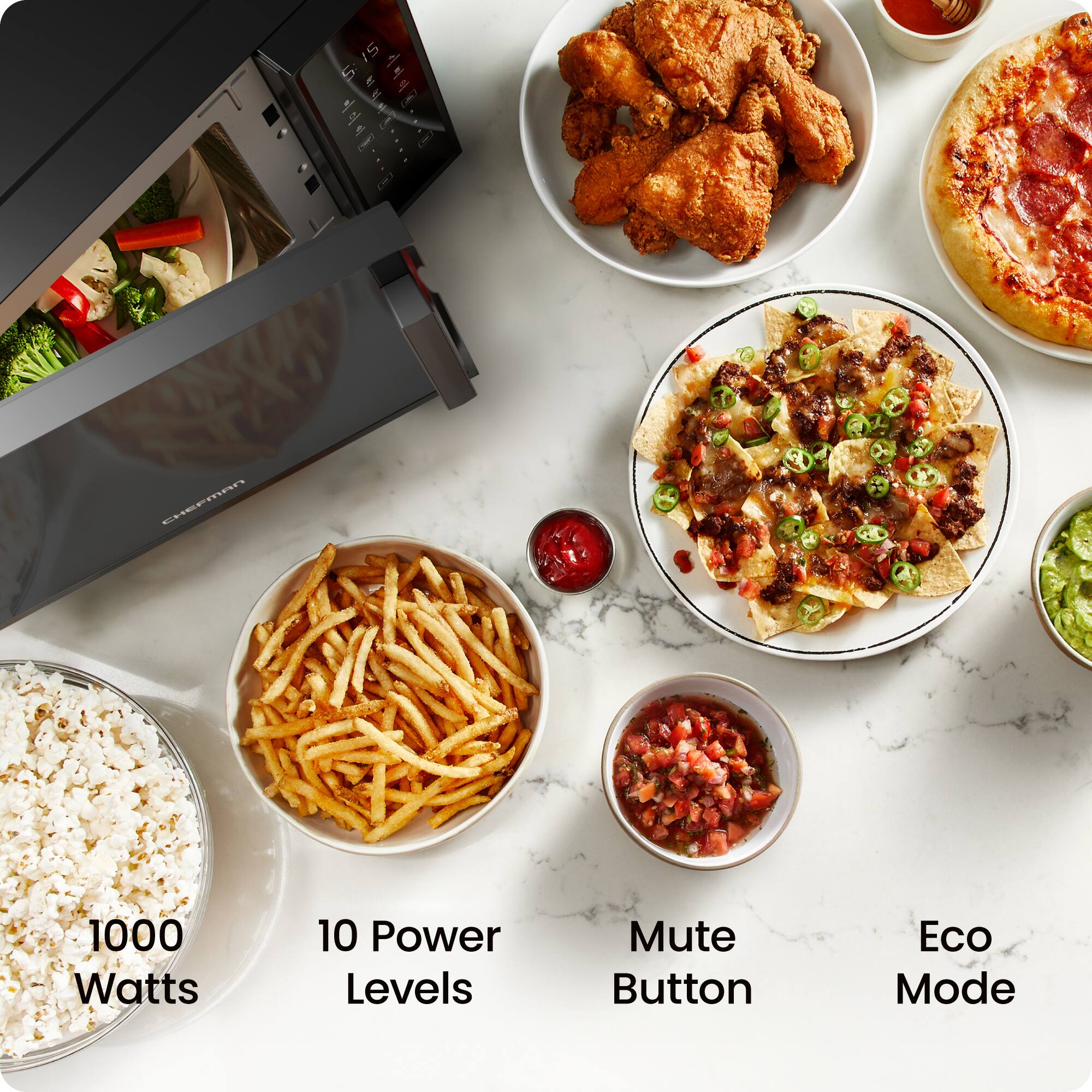 1000 Watts  
10 Power Levels  
Mute Button  
Eco Mode