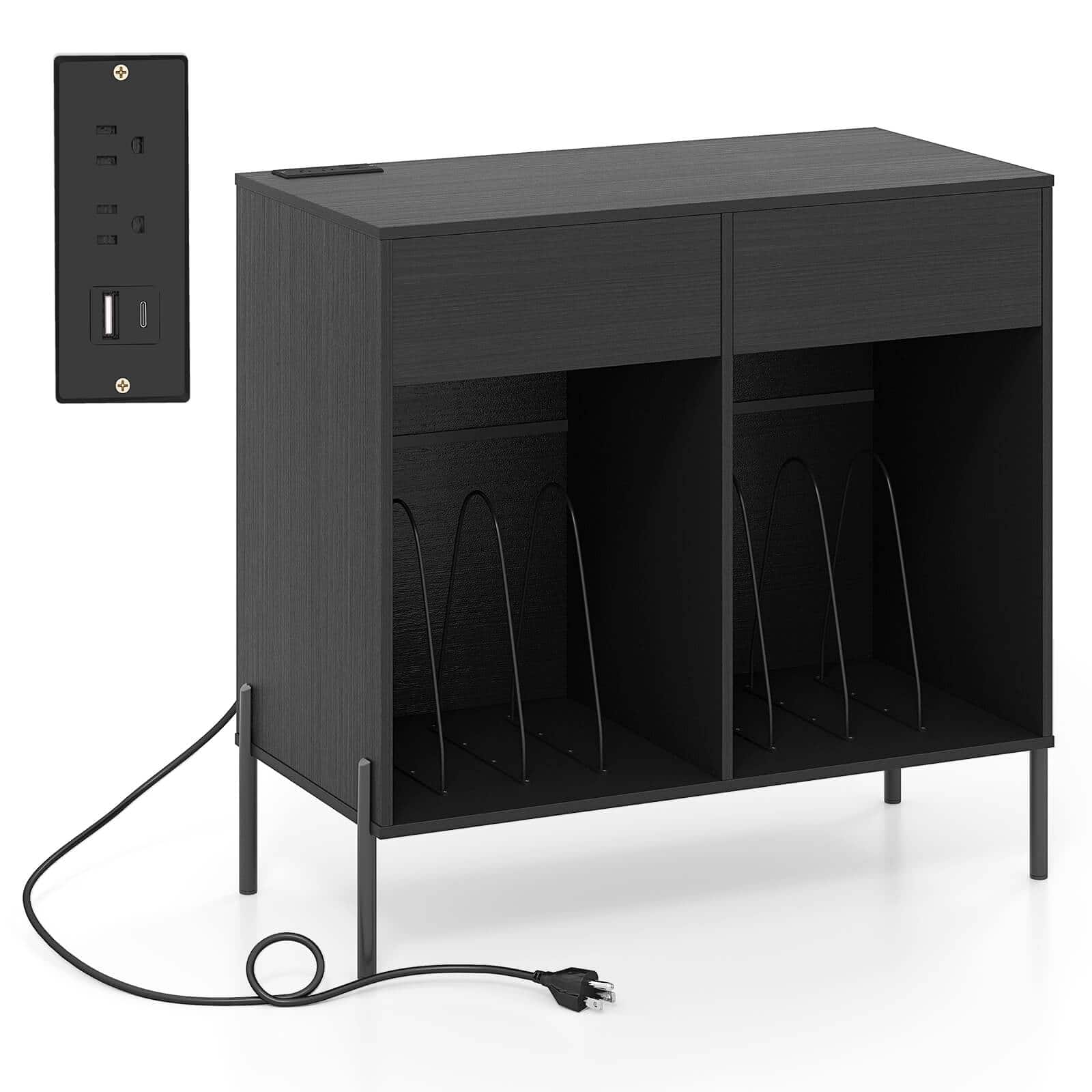 Costway - Large Record Player Stand with Charging Station Storage Compartments & 2 Drawers - Black