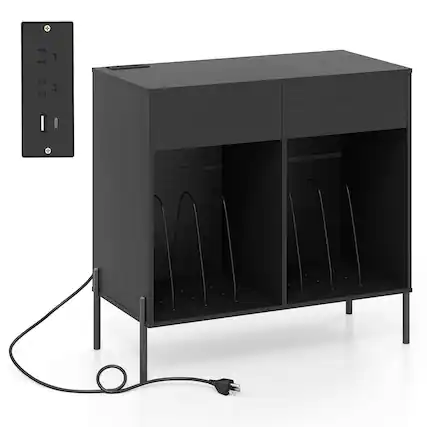 Front. Costway - Costway Large Record Player Stand with Charging Station Storage Compartments & 2 Drawers - Black.