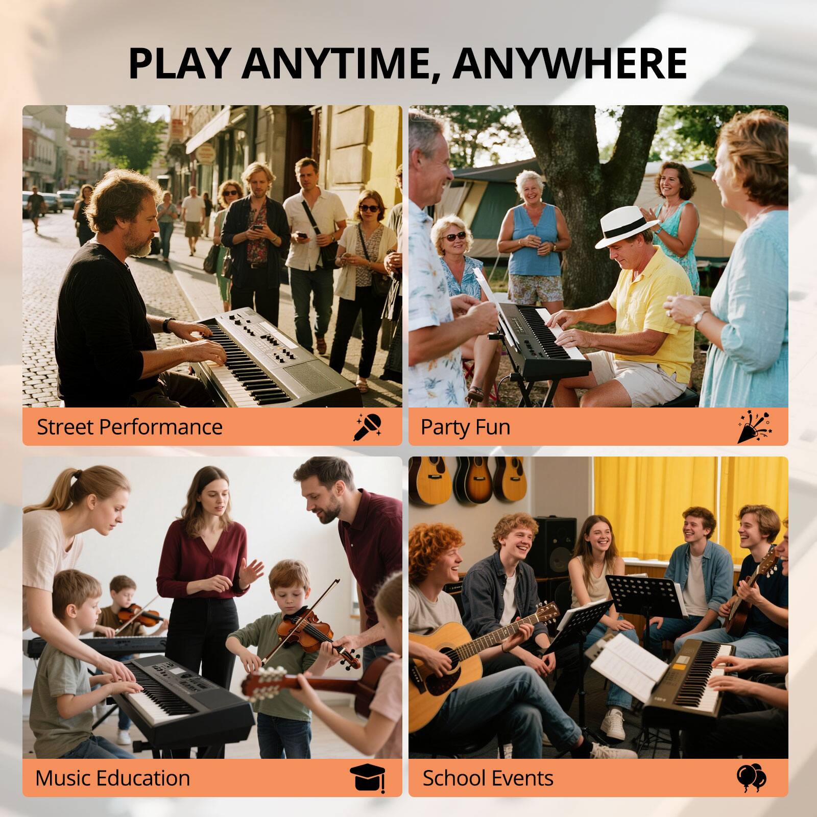 PLAY ANYTIME, ANYWHERE

- Street Performance
- Party Fun
- Music Education
- School Events