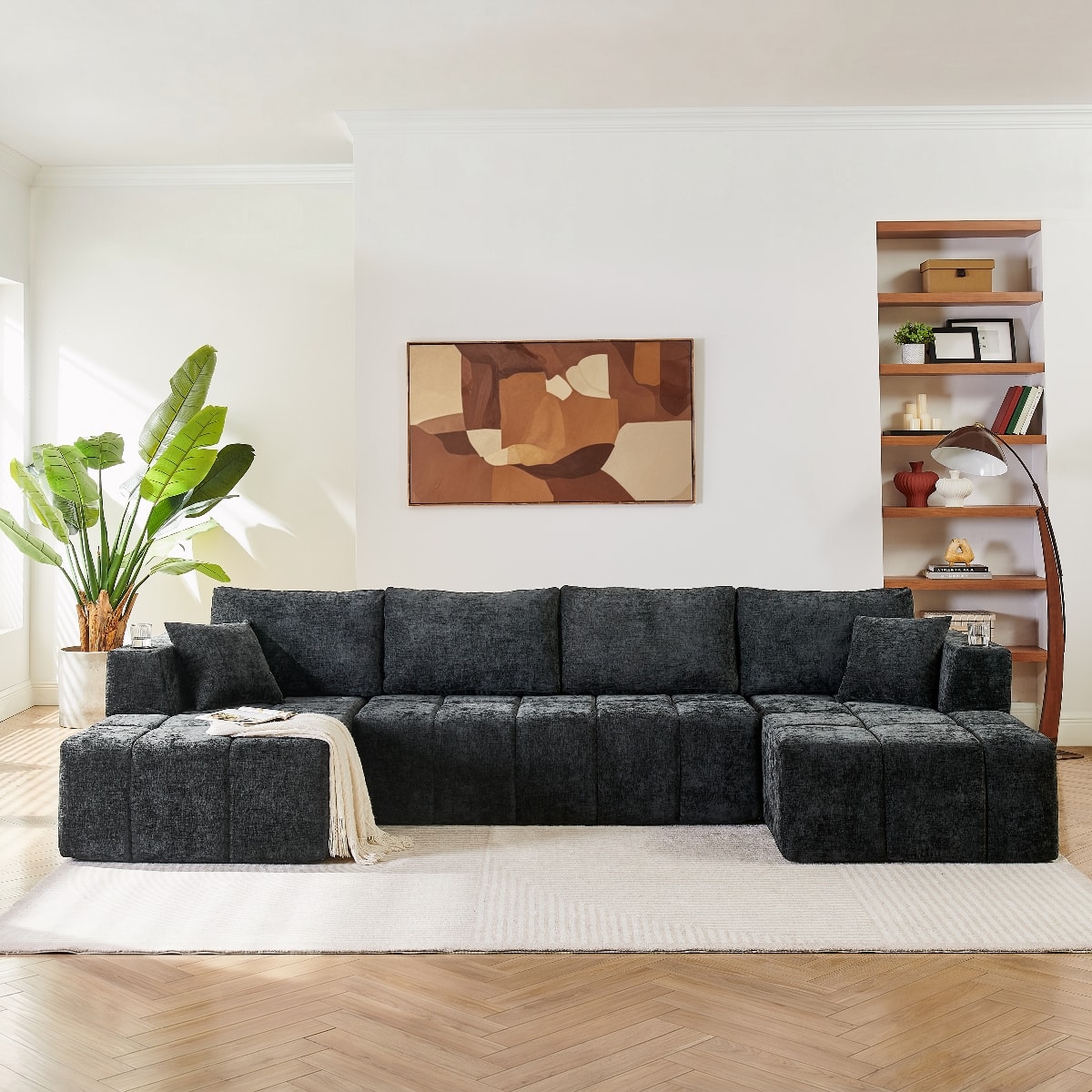 Ropilly - U Shaped Chenille Sectional Sofa, Cloud Style Upholstered Couch, Black Modular Sectional Couch - Black