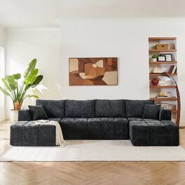 Ropilly - U Shaped Chenille Sectional Sofa, Cloud Style Upholstered Couch, Black Modular Sectional Couch - Black