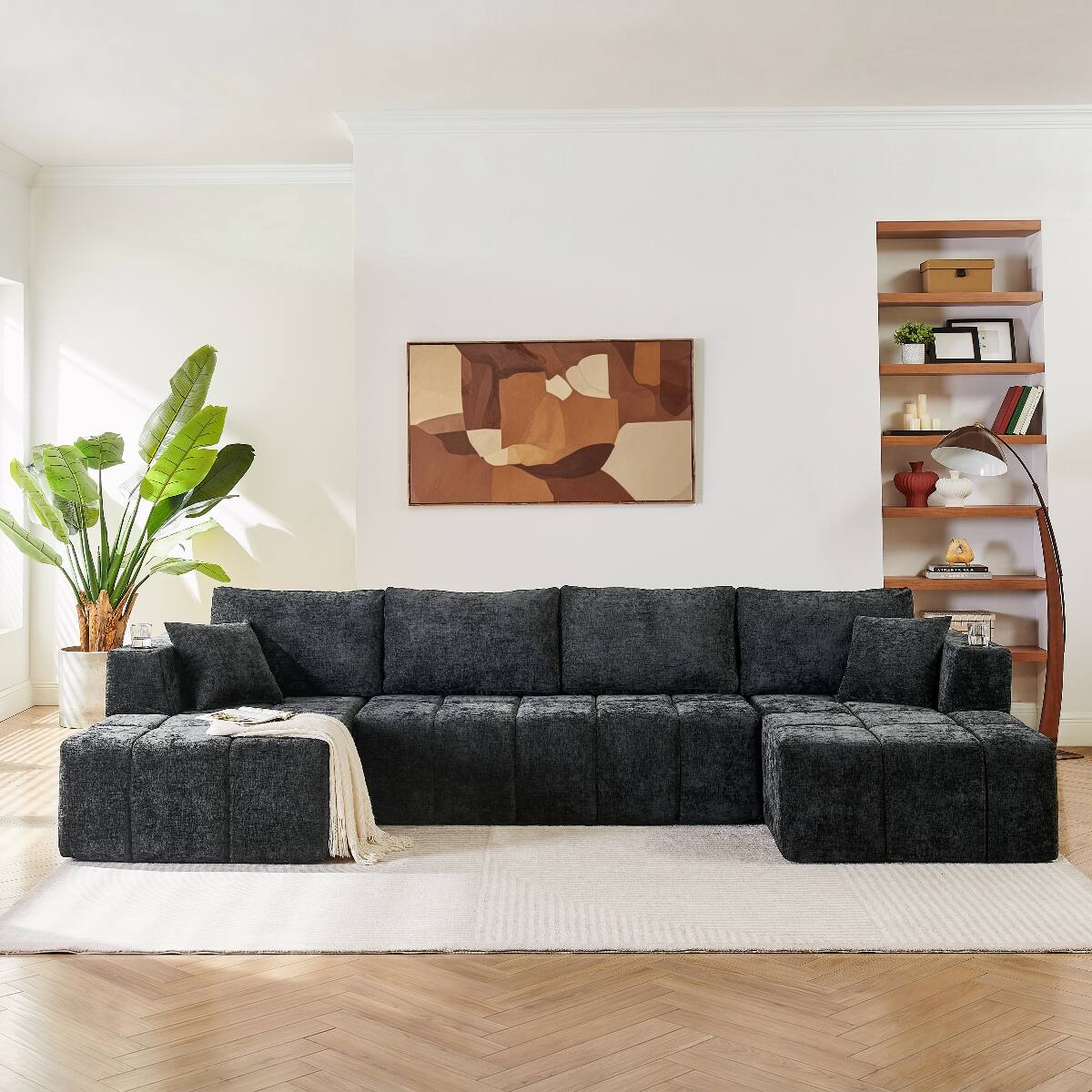 Front. Ropilly - Ropilly U Shaped Chenille Sectional Sofa, Cloud Style Upholstered Couch, Black Modular Sectional Couch - Black.