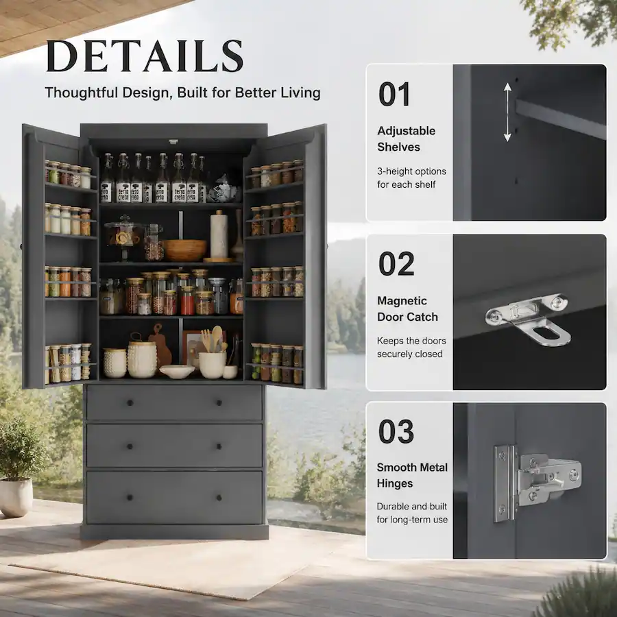 RYHNUYNE Freestanding 77 Inch Farmhouse Kitchen Pantry Cabinet with 3 ...