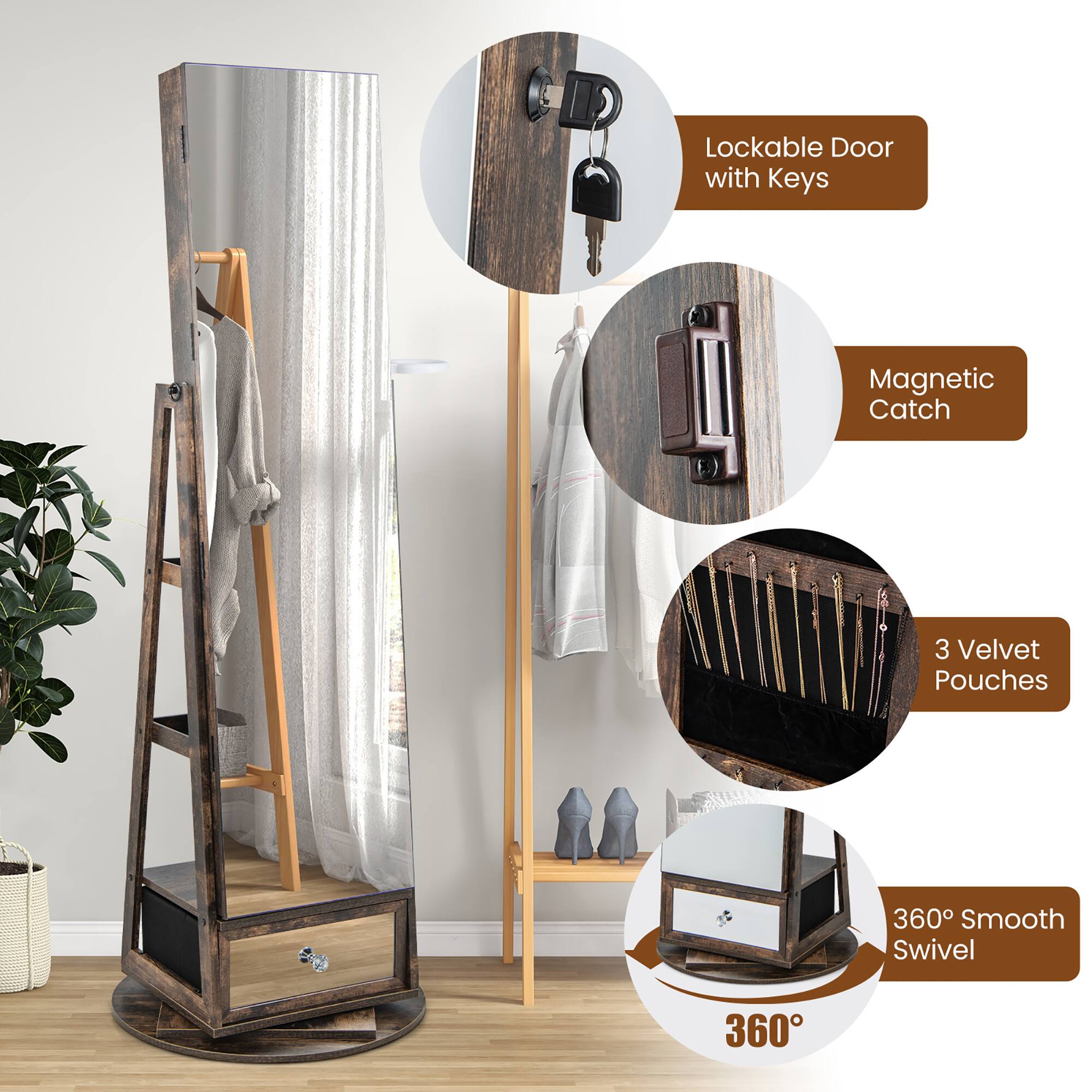 - Lockable Door with Keys
- Magnetic Catch
- 3 Velvet Pouches
- 360° Smooth Swivel