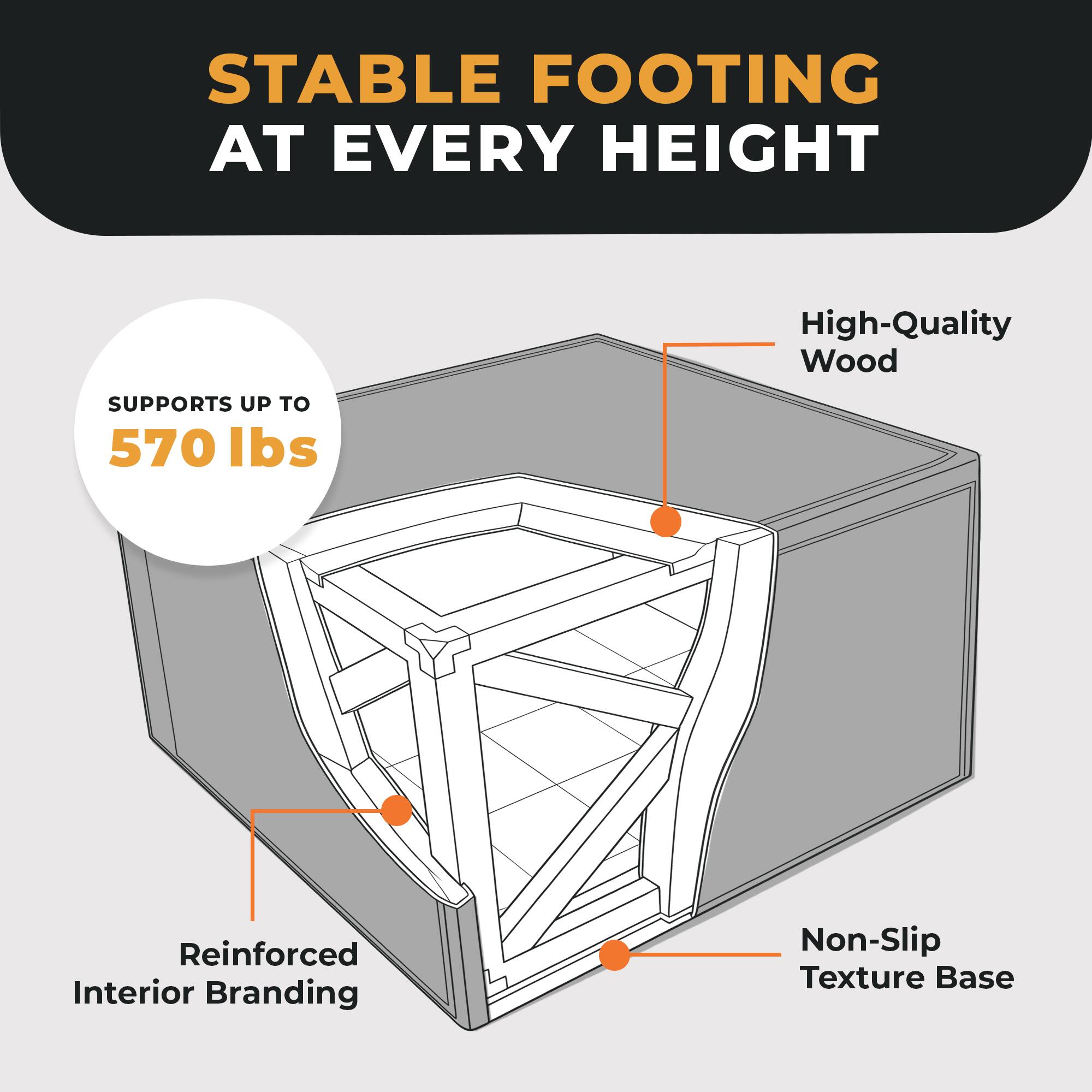 STABLE FOOTING AT EVERY HEIGHT

High-Quality Wood

SUPPORTS UP TO 570 lbs

Reinforced Interior Branding

Non-Slip Texture Base
