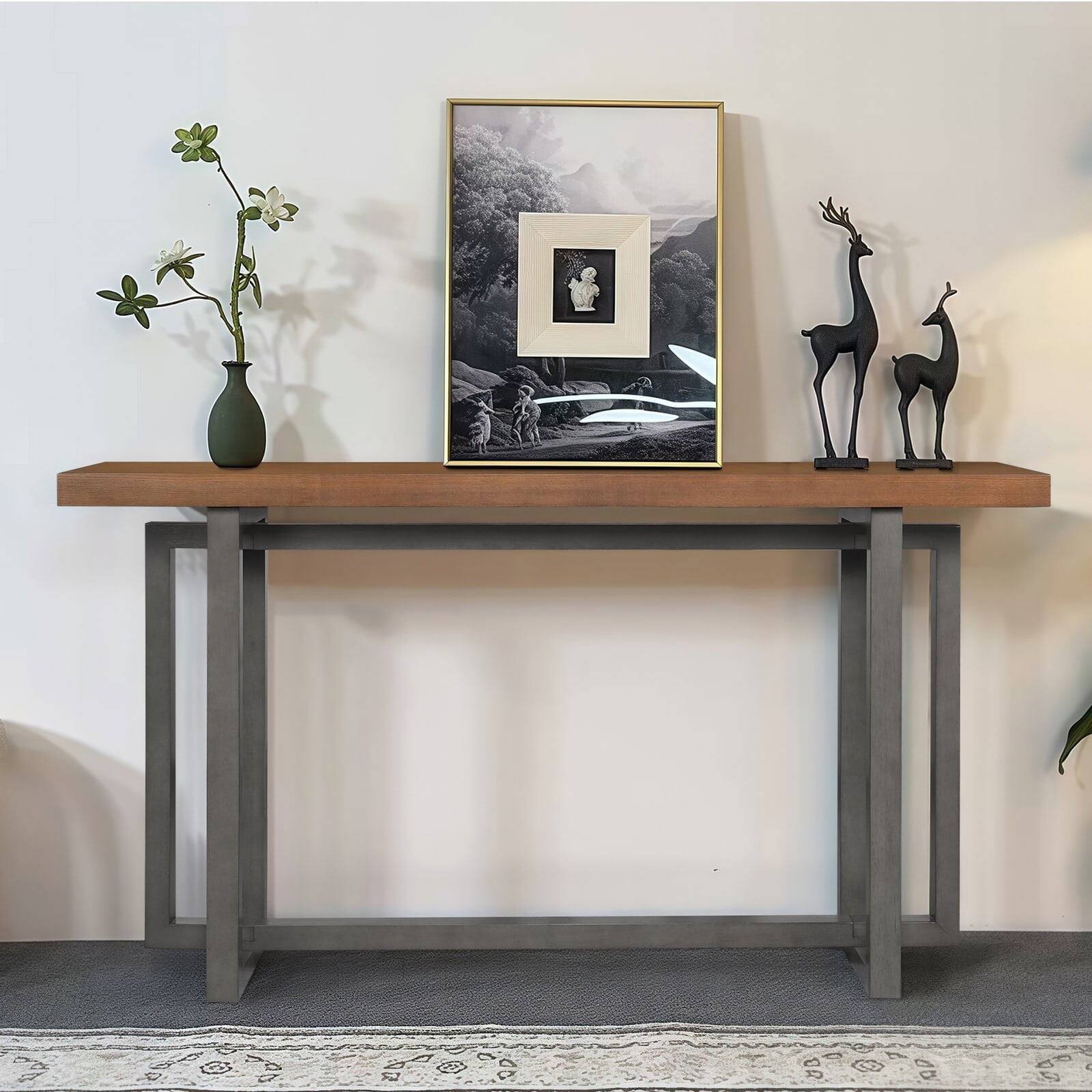 Alt View 3. Kadyn - 59" Narrow Console Table, MDF Entryway Sofa Table for Hallway, Living Room, Strong Metal Stand, Space-Saving Design - Gray.