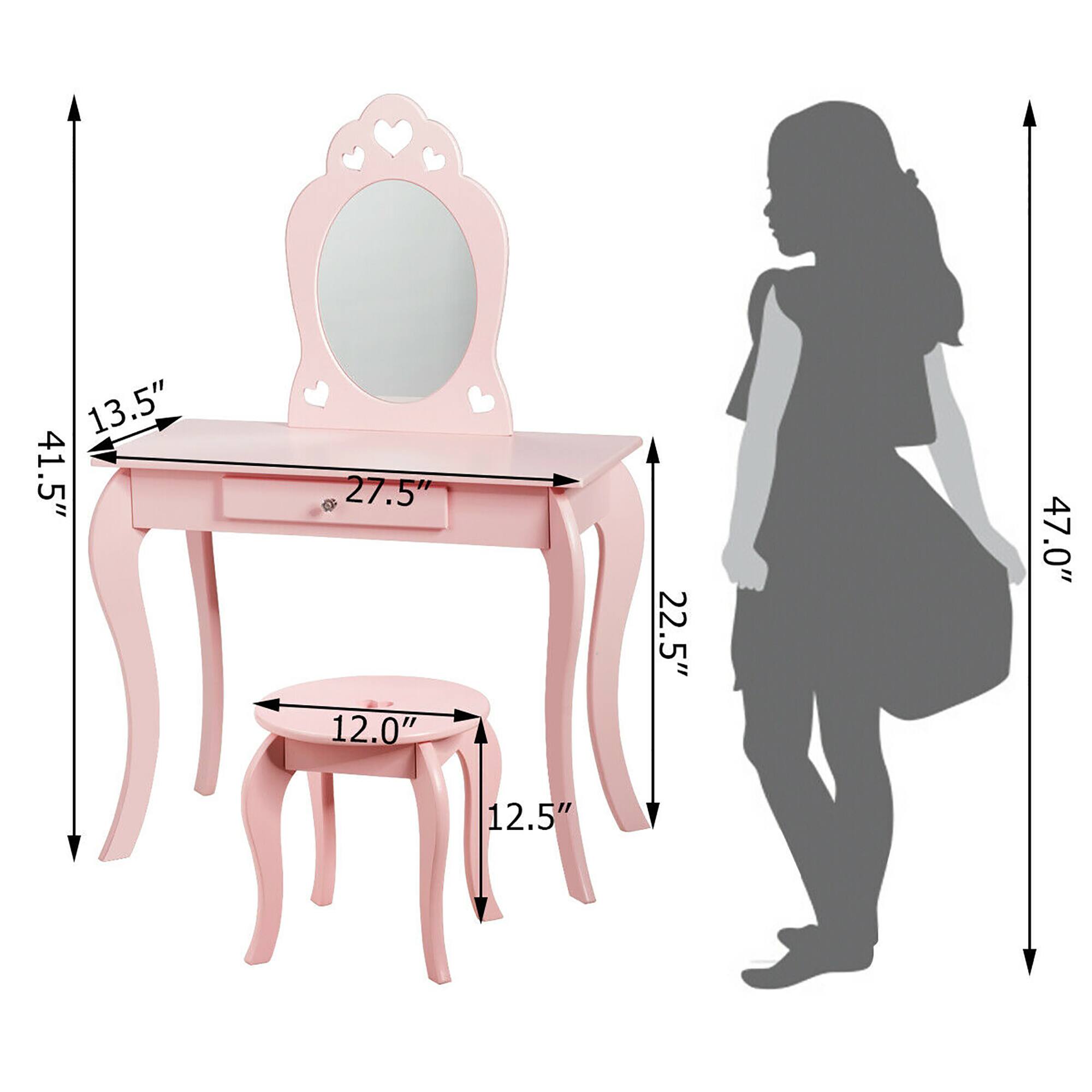 The dimensions of the vanity set are as follows:

- Height: 41.5"
- Width: 47.0"
- Depth: 27.5"
- Mirror Diameter: 13.5"
- Stool Seat Height: 12.0"
- Stool Height: 12.5"