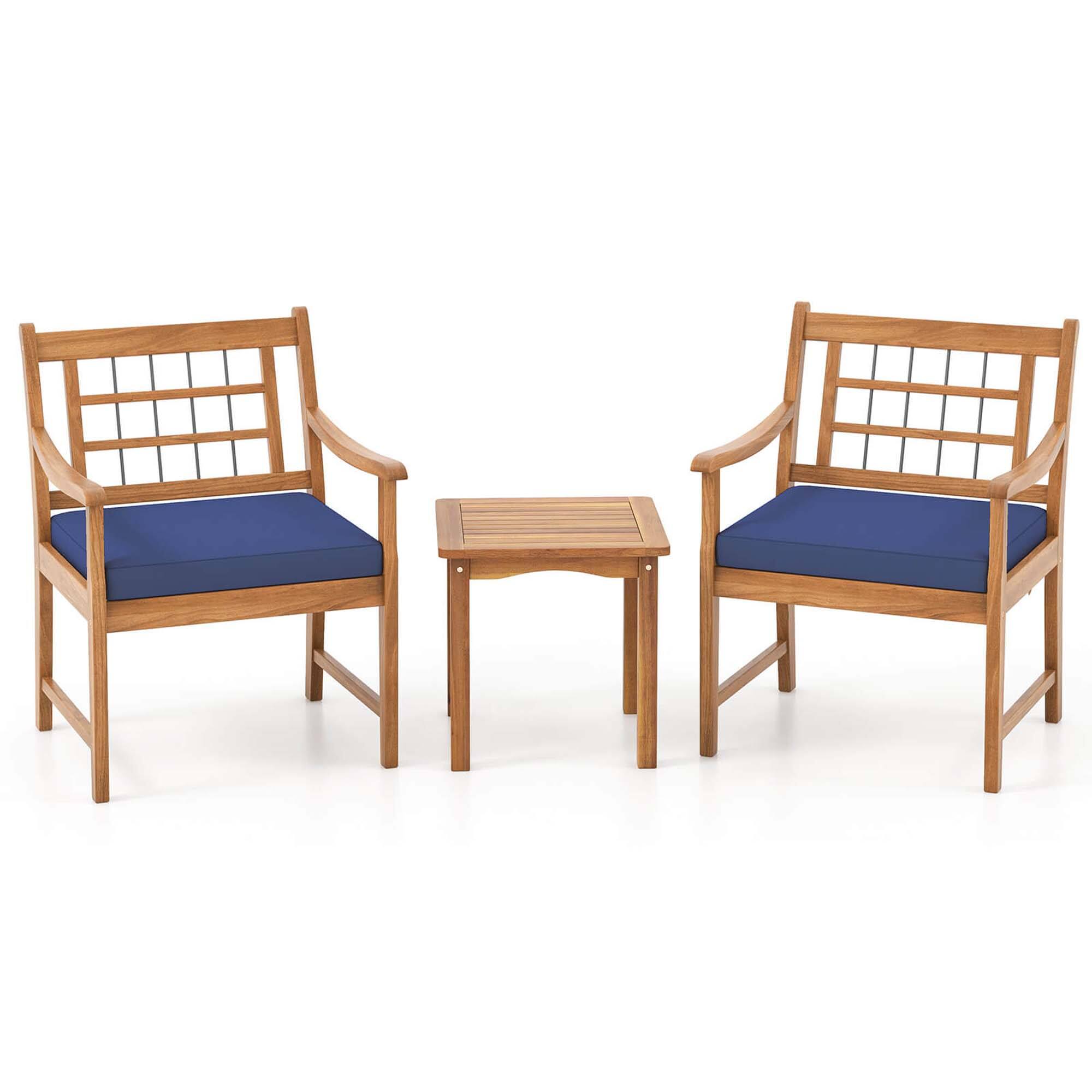 Alt View 9. Costway - 3 PCS Acacia Wood Patio Bistro Set Outdoor Chairs with Coffee Table for Porch - Navy,Natural.