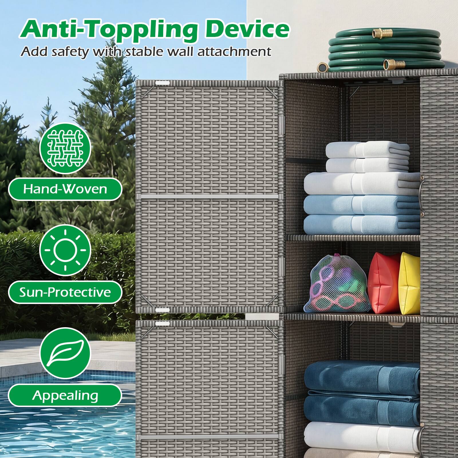 Anti-Toppling Device  
Add safety with stable wall attachment  
Hand-Woven  
Sun-Protective  
Appealing
