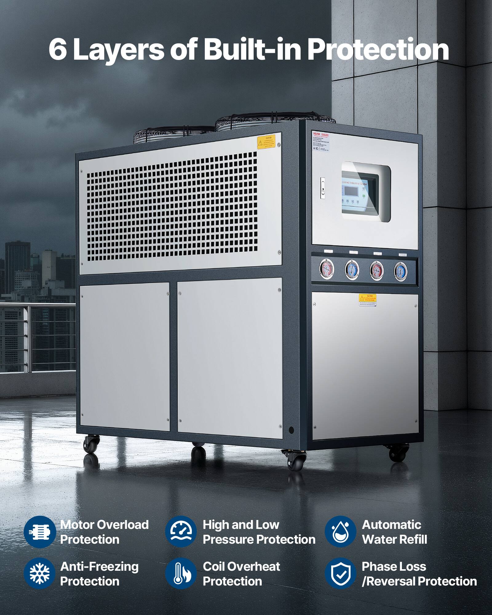 6 Layers of Built-in Protection

- Motor Overload Protection
- High and Low Pressure Protection
- Automatic Water Refill
- Anti-Freezing Protection
- Coil Overheat Protection
- Phase Loss /Reversal Protection