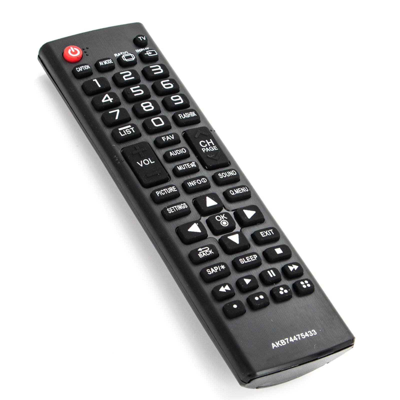 TV INPLT RATIO AVMODE CAPTION 1 2 3 4 5 6 7 8 9 0 FLASHBK O LIST FAV CH AUDIO PAGE VOL MUTE R SOUND INFO PICTURE Q.MENU SETTINGS OK EXIT BACK SLEEP SAP/* I AKB74475433