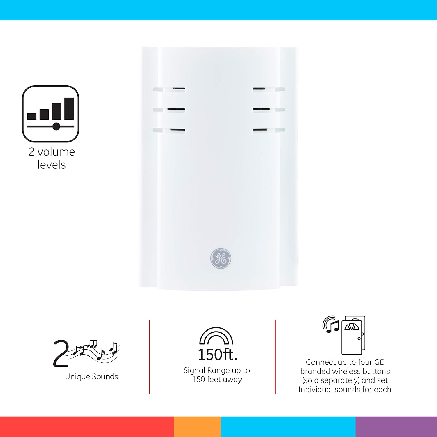 - 2 volume levels
- 2 Unique Sounds
- Signal Range up to 150ft. (150 feet away)
- Connect up to four GE branded wireless buttons (sold separately) and set Individual sounds for each