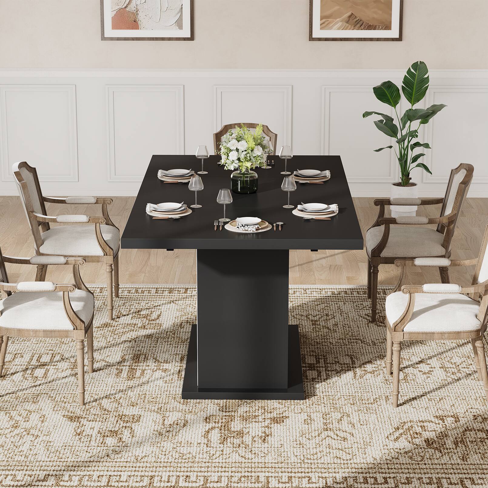 Back. Anysun - 63" Walnut Dining Table for 4-6 - Rectangular Pedestal Base with Storage Shelves. 63"L x 35.4"W x 30"H - Black.