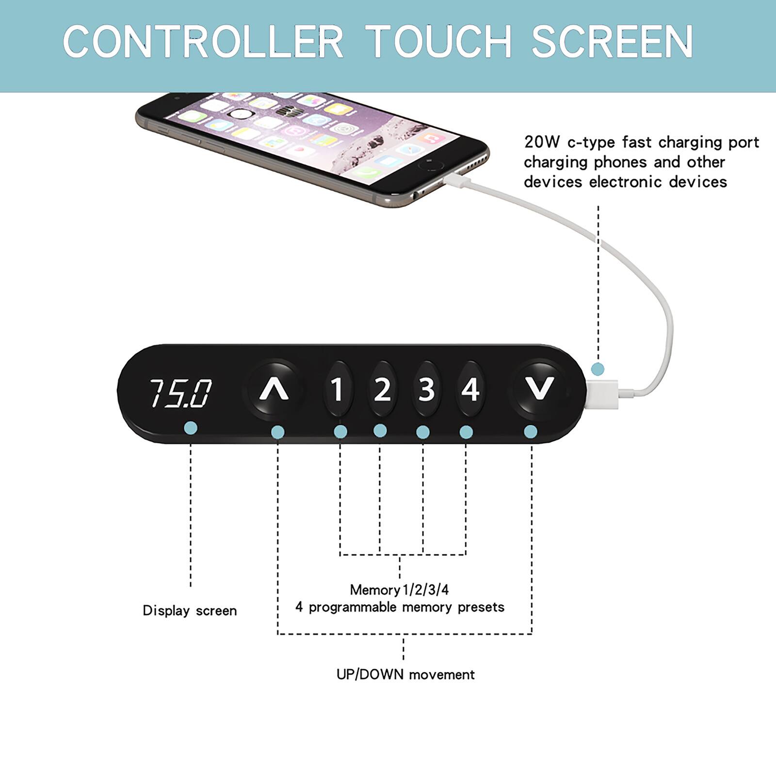 CONTROLLER TOUCH SCREEN

20W c-type fast charging port charging phones and other devices electronic devices

75.0

Display screen

Memory 1/2/3/4

4 programmable memory presets

UP/DOWN movement