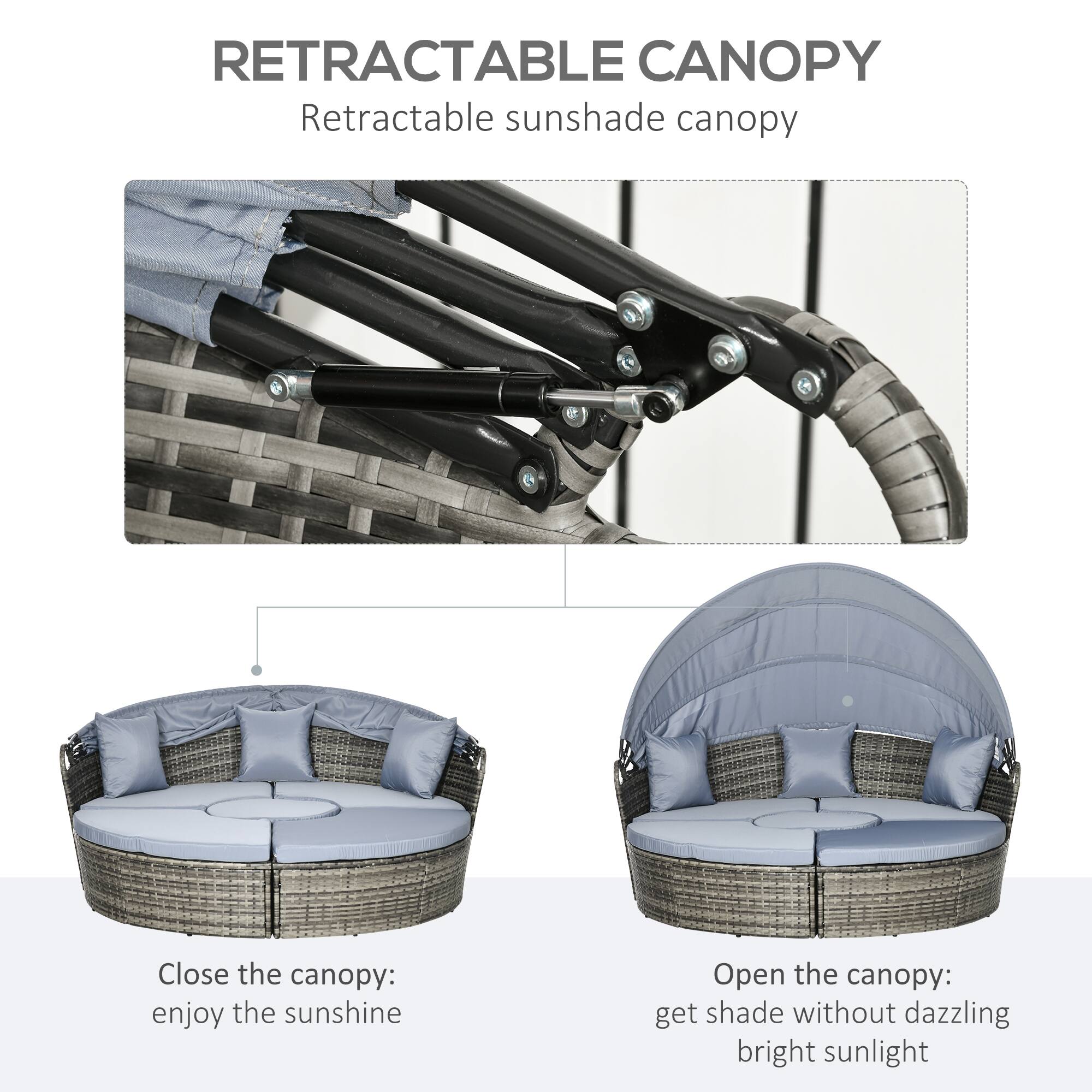 RETRACTABLE CANOPY Retractable sunshade canopy

Close the canopy: enjoy the sunshine
Open the canopy: get shade without dazzling bright sunlight