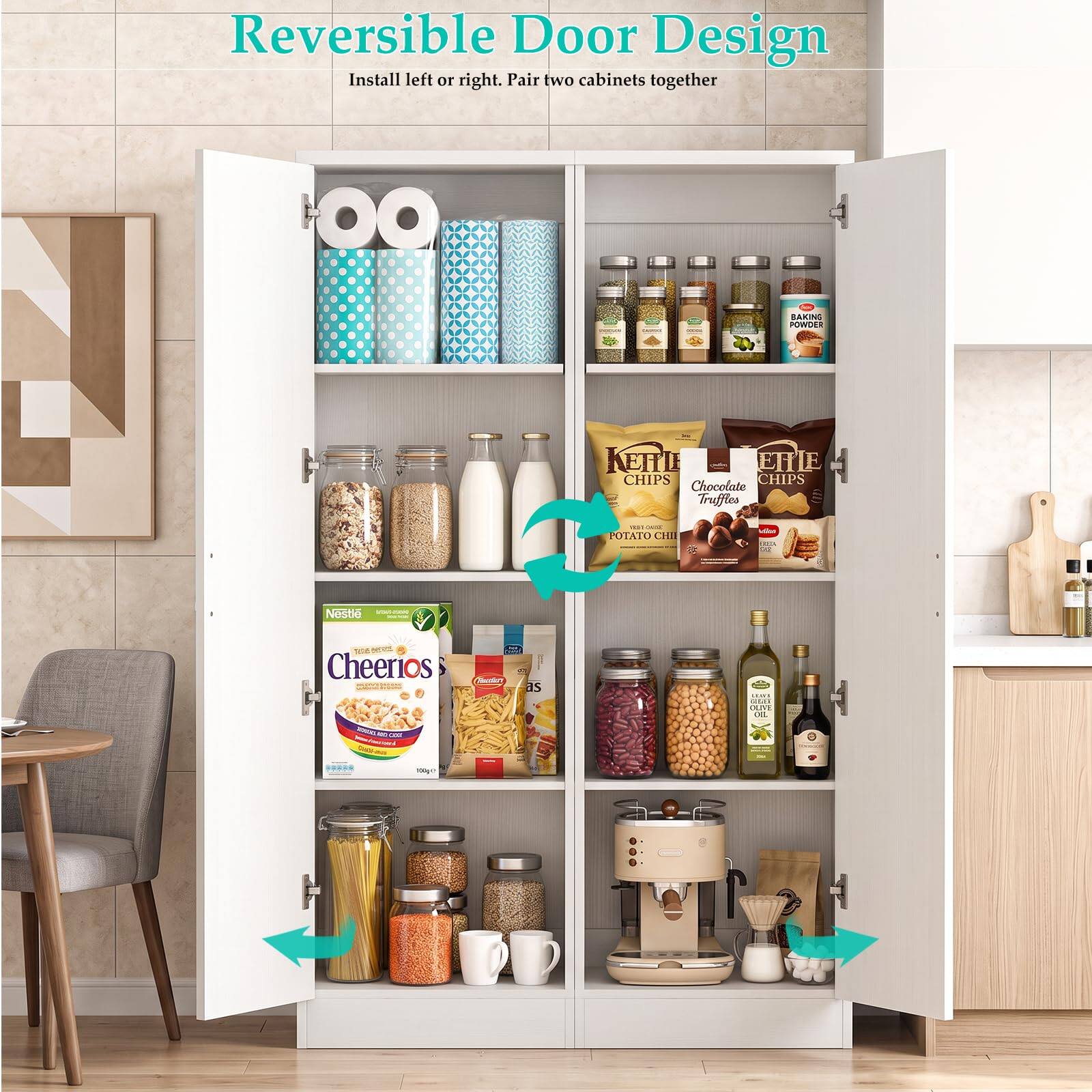 Reversible Door Design  
Install left or right. Pair two cabinets together

BAKING POWDER

KEEPLE EHLE CHIPS  
CHIPS Chocolate Truffles

MIST ANTE POTATO CHIP

LAQUE

Nestle artive-mave

NOTE Cheerios - EOCORD to LIKE

Tocelarr

as

LEADER stain OLIVE IL

1232