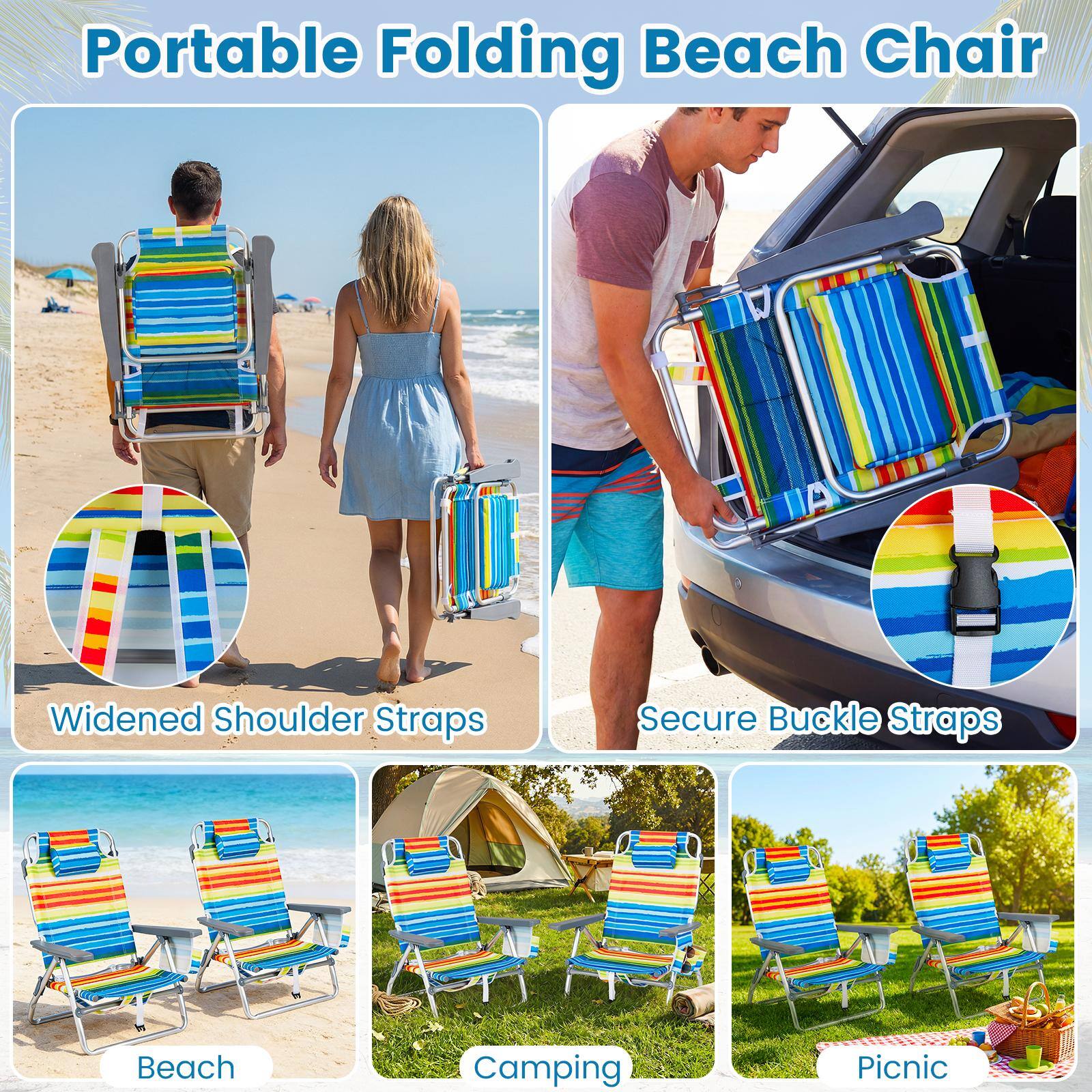 Portable Folding Beach Chair

Widened Shoulder Straps

Secure Buckle Straps

Beach

Camping

Picnic