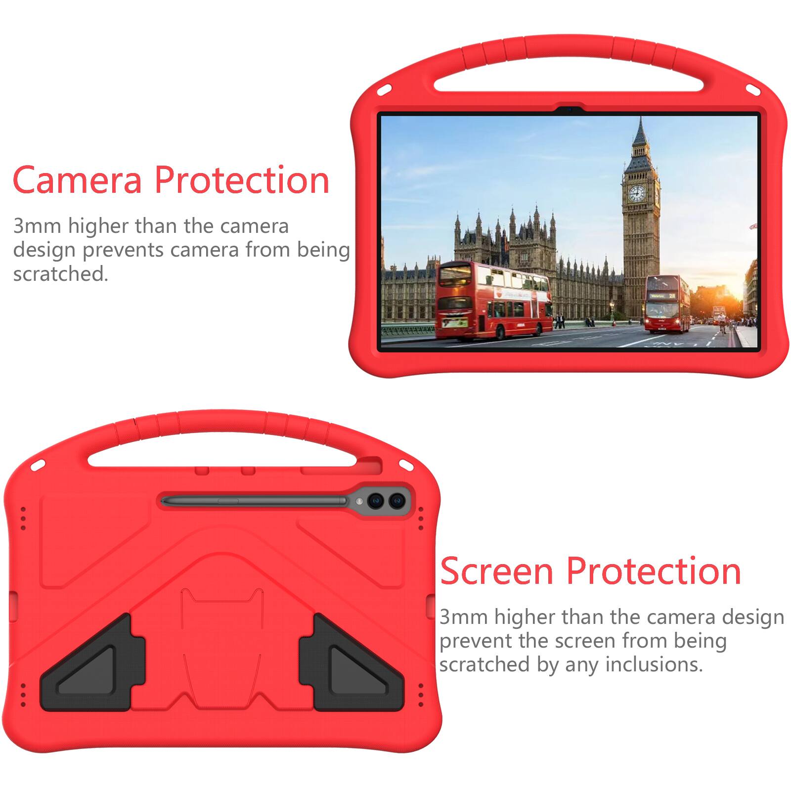 Camera Protection  
3mm higher than the camera design prevents camera from being scratched.  

Screen Protection  
3mm higher than the camera design prevents the screen from being scratched by any inclusions.