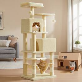 Songmics Home - Cat Tree, 59.4-Inch Tall Cat Tower, Plush Multi-Level Condo with 5 Scratching Posts, 2 Perches, 2 Caves, Hammock - Beige