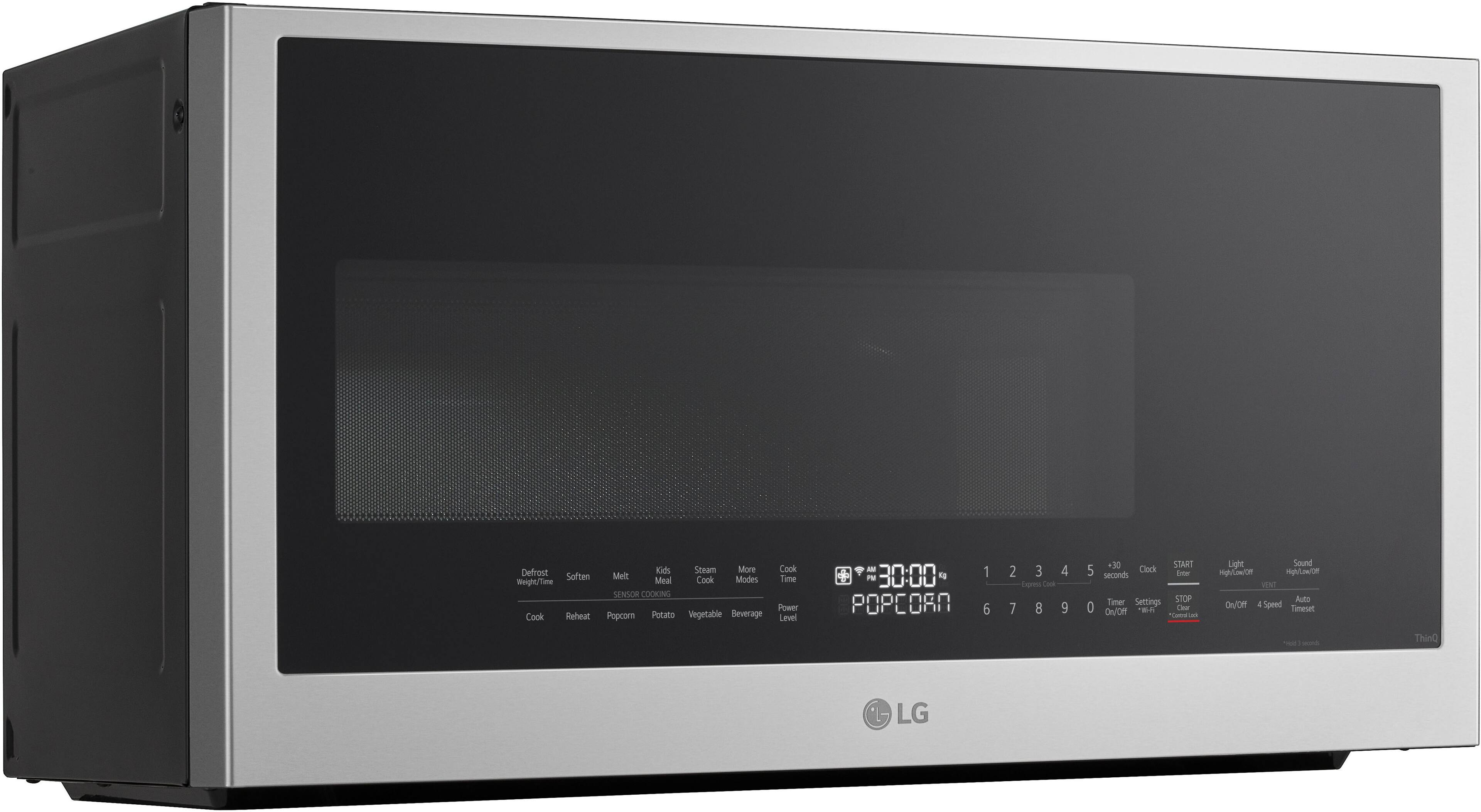 Defrost, Weight, Time, Cook, Soften, Reheat, Eids, Steam, More, Cock, Melt, Cook Modes, Time, Meal, SENSOR COOKING, Power, Popcorn, Potato, Vegetable, Beverage, Level, - PM, 30:00, g, PPCORN, 1, 6, 2, 3, 4, Eprest, Card, 7, 8, 9, +30, START, 5, Clock, Eates, seconds, Timer, Settings, STOP, 0, On/Off, B, Caw, - Light, Sound, Hgh/Low/Off, N, Auto, On/Off, 1, Speed, Timese, - - ThinQ, LG