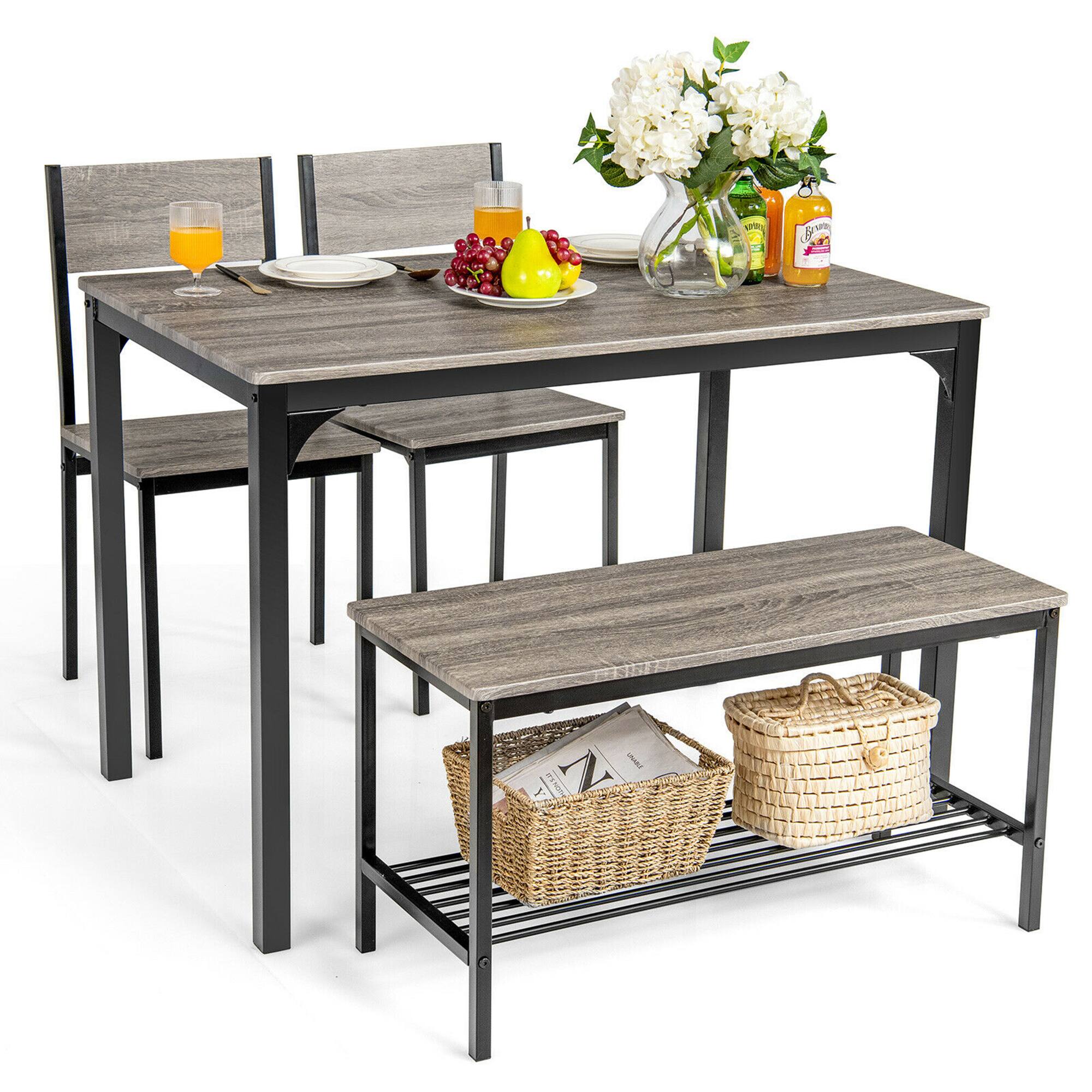 Front. Gymax - Gymax 4pcs Dining Table Set Rustic Desk 2 Chairs & Bench w/ Storage Rack Grey - Grey.