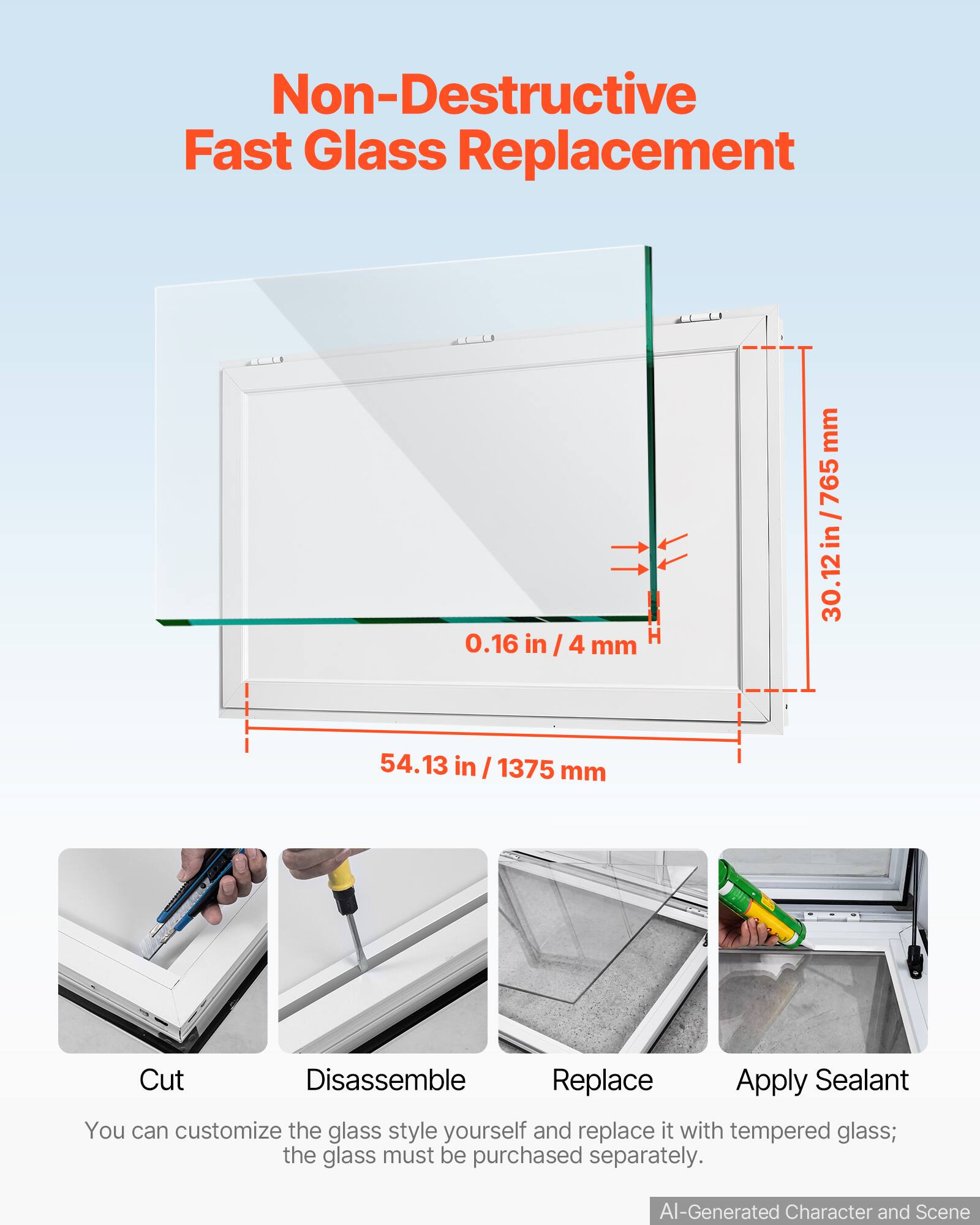 Non-Destructive Fast Glass Replacement

30.12 in / 765 mm
0.16 in / 4 mm
54.13 in / 1375 mm

Cut Disassemble Replace Apply Sealant

You can customize the glass style yourself and replace it with tempered glass; the glass must be purchased separately.

AI-Generated Character and Scene