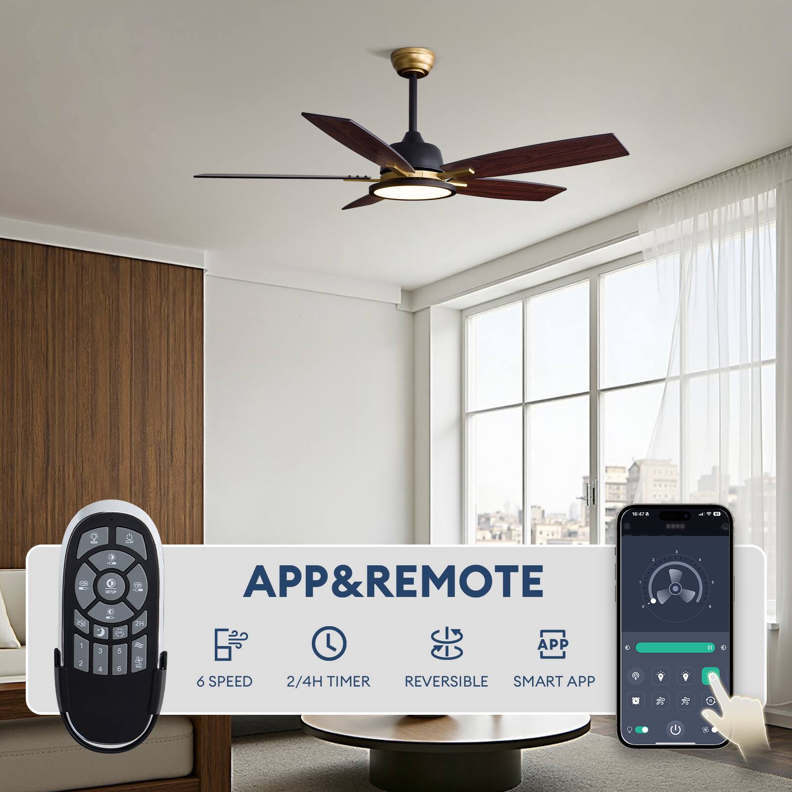10:47a

APP & REMOTE
APP
2
4
6
6 SPEED
2/4H TIMER REVERSIBLE SMART APP