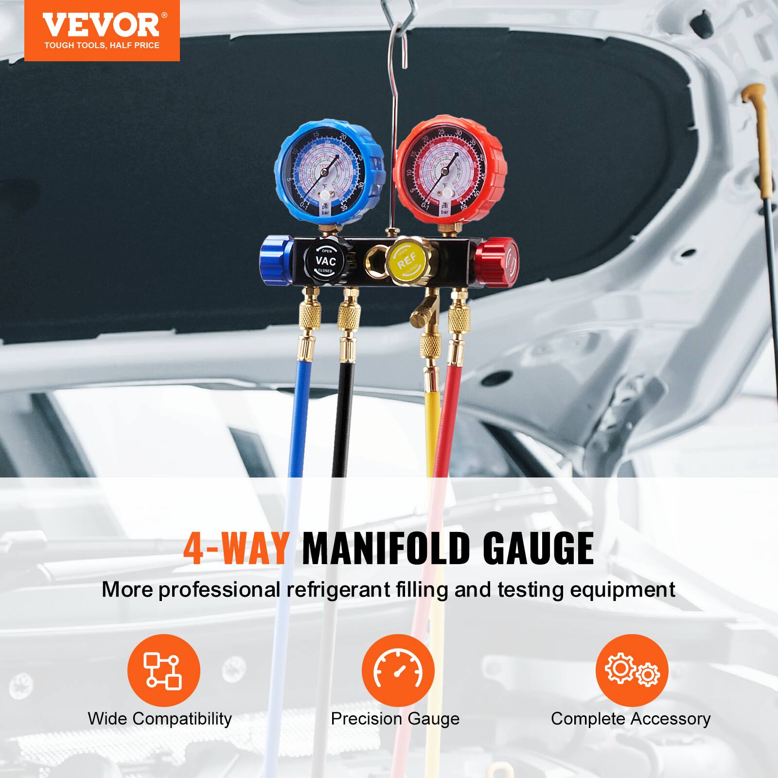 VEVOR TOUGH TOOLS, HALF PRICE

4-WAY MANIFOLD GAUGE

More professional refrigerant filling and testing equipment

Wide Compatibility
Precision Gauge
Complete Accessory