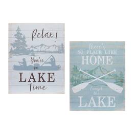 BreeBe - Wooden Lake Life Sentiment Sign (Set of 2) - White, Brown, Blue