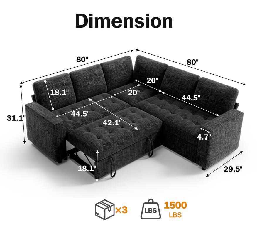 Dimension  
80" x 80"  
20" x 20"  
44.5" x 44.5"  
31.1" x 42.1"  
18.1" x 18.1"  
29.5" x 4.7"  
x3  
1500 LBS