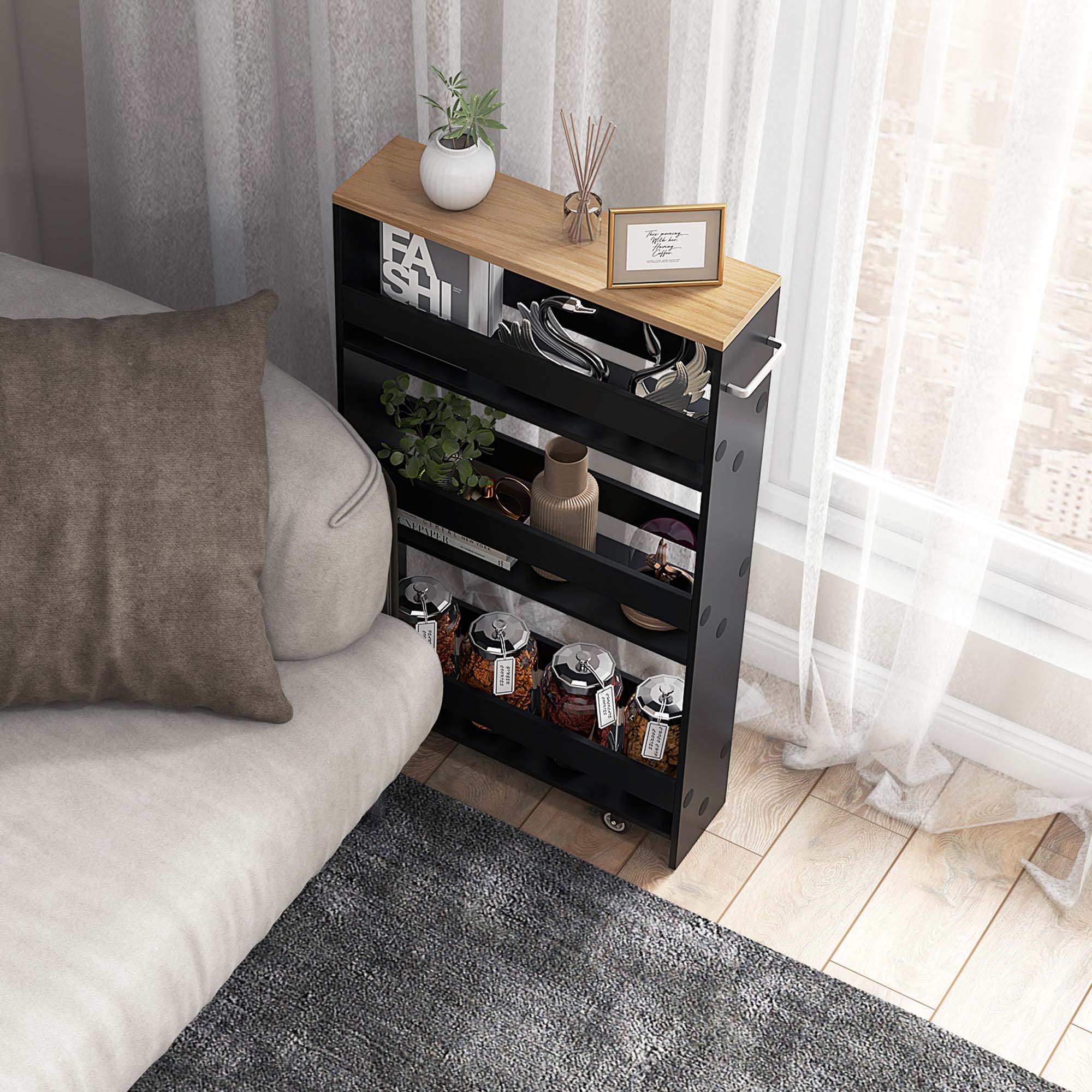 Alt View 4. Costway - Costway Rolling Kitchen Slim Storage Cart Mobile Shelving Organizer with Handle Black - Black.