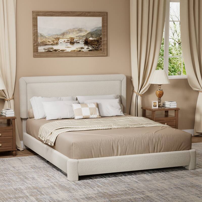 Alt View 6. Vipbear - King Size Upholstered Bed Frame with Adjustable Headboard, Soft Rounded Corners, No Box Spring Required, Easy Assembly - Beige.