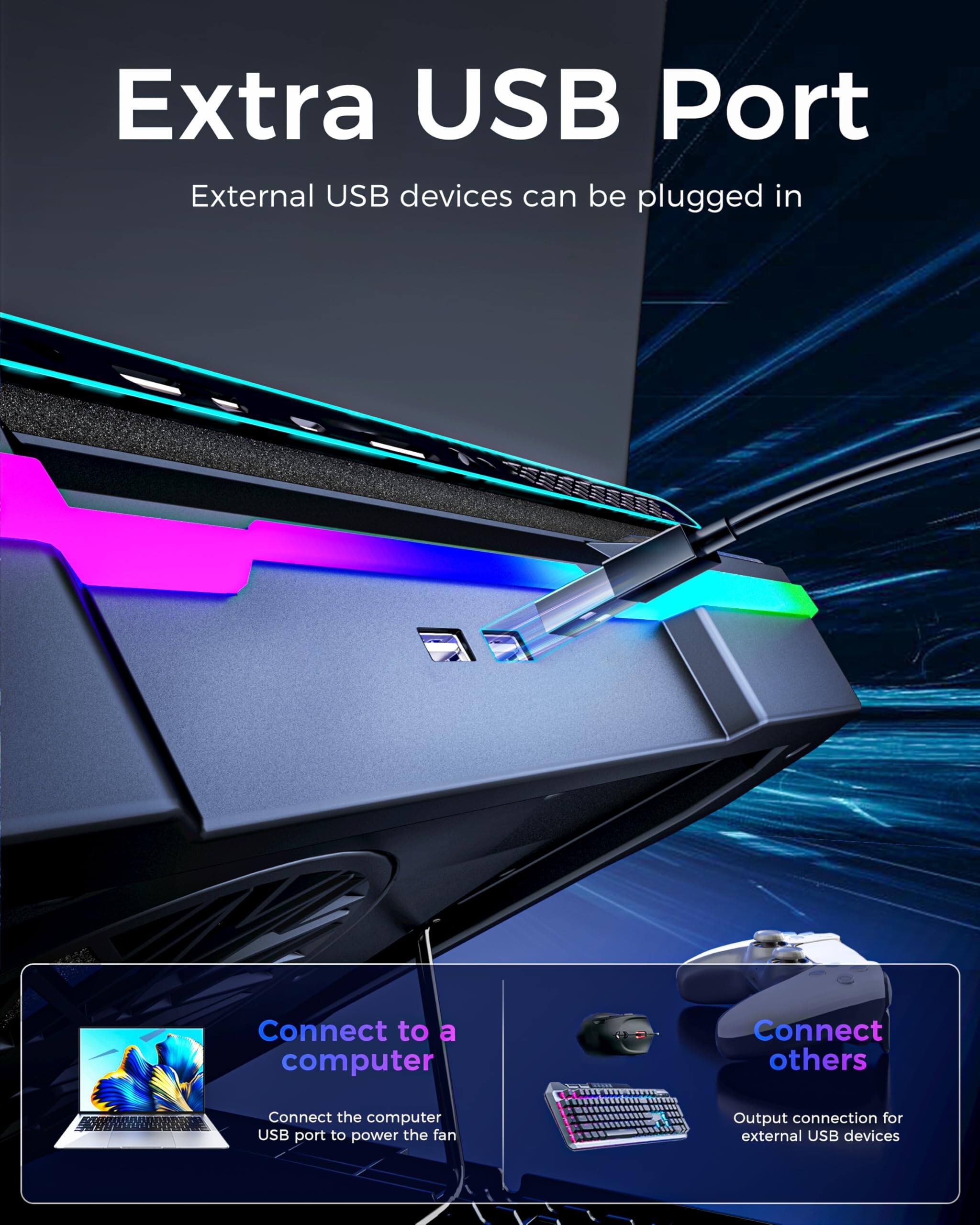Extra USB Port  
External USB devices can be plugged in  

Connect to a computer  
Connect the computer USB port to power the fan  

Connect others  
Output connection for external USB devices
