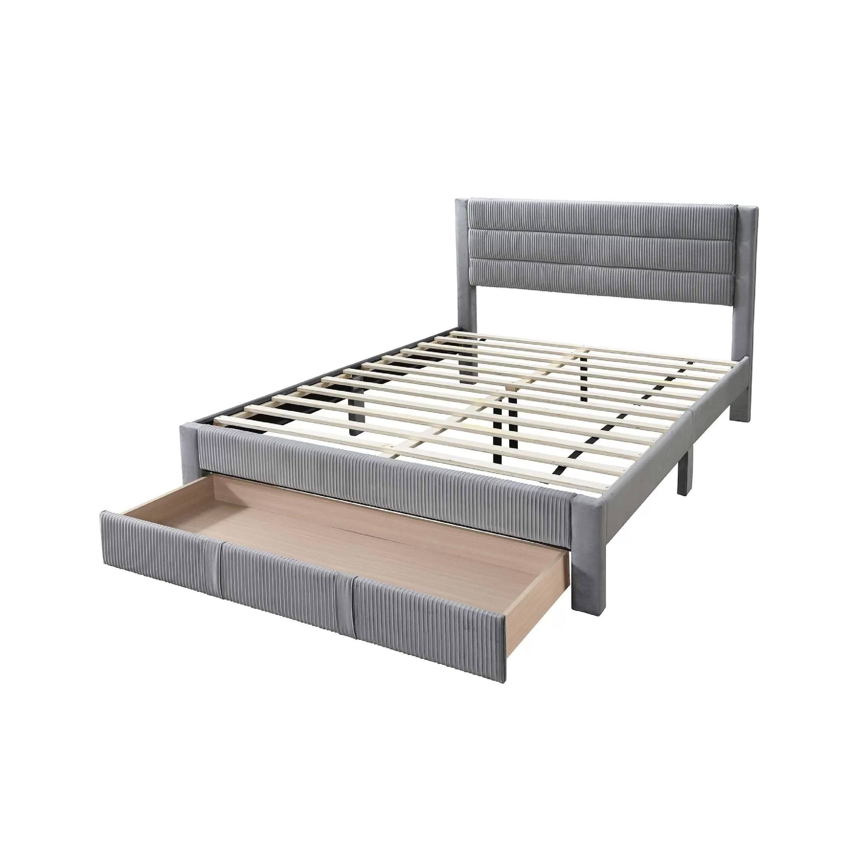 Alt View 1. Manhattan Lane - Daisy Full Bed w Drawer, Light Gray Corduroy Upholstery, Foam Headboard - Light Gray.