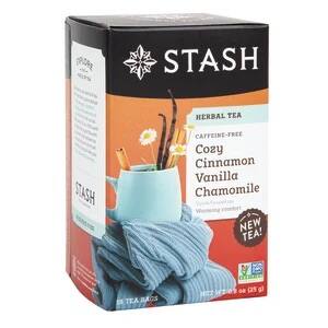 STASH  
HERBAL TEA  
CAFFEINE-FREE  
Cozy Cinnamon Vanilla Chamomile  
NEW TEA!  
55 TEA BAGS  
NET WT 1.6 OZ (25 g)