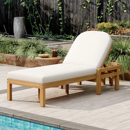 Front. Meqiodas - Outdoor Chaise Lounge, Premium Patio Recliner with Arched Backrest, 5-Position Adjustable Backrest, Outdoor Lounge Chair - Light Teak .