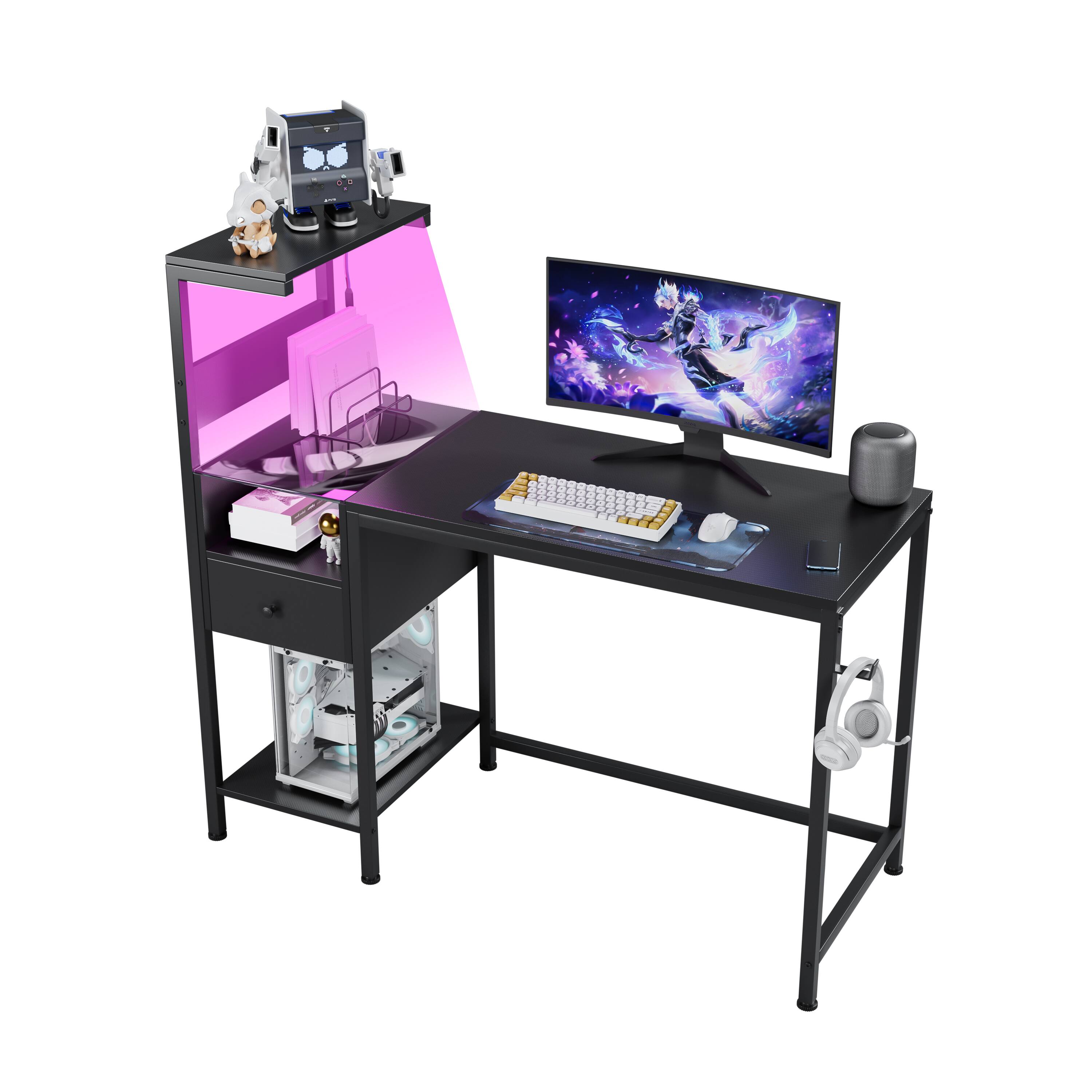 Angle. GOODSILO - Computer Desk with Power Outlets & LED Lights, 48" Gaming Desk with Storage & USB Charging Station​ - Black.