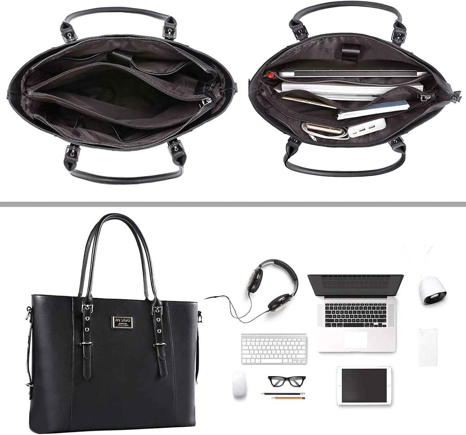 Left. mosiso - Waterproof PU Leather Laptop Bag for Women 17.3 Inch, Vintage Briefcase Shoulder Tote Computer Bag for Work & Office - Black.