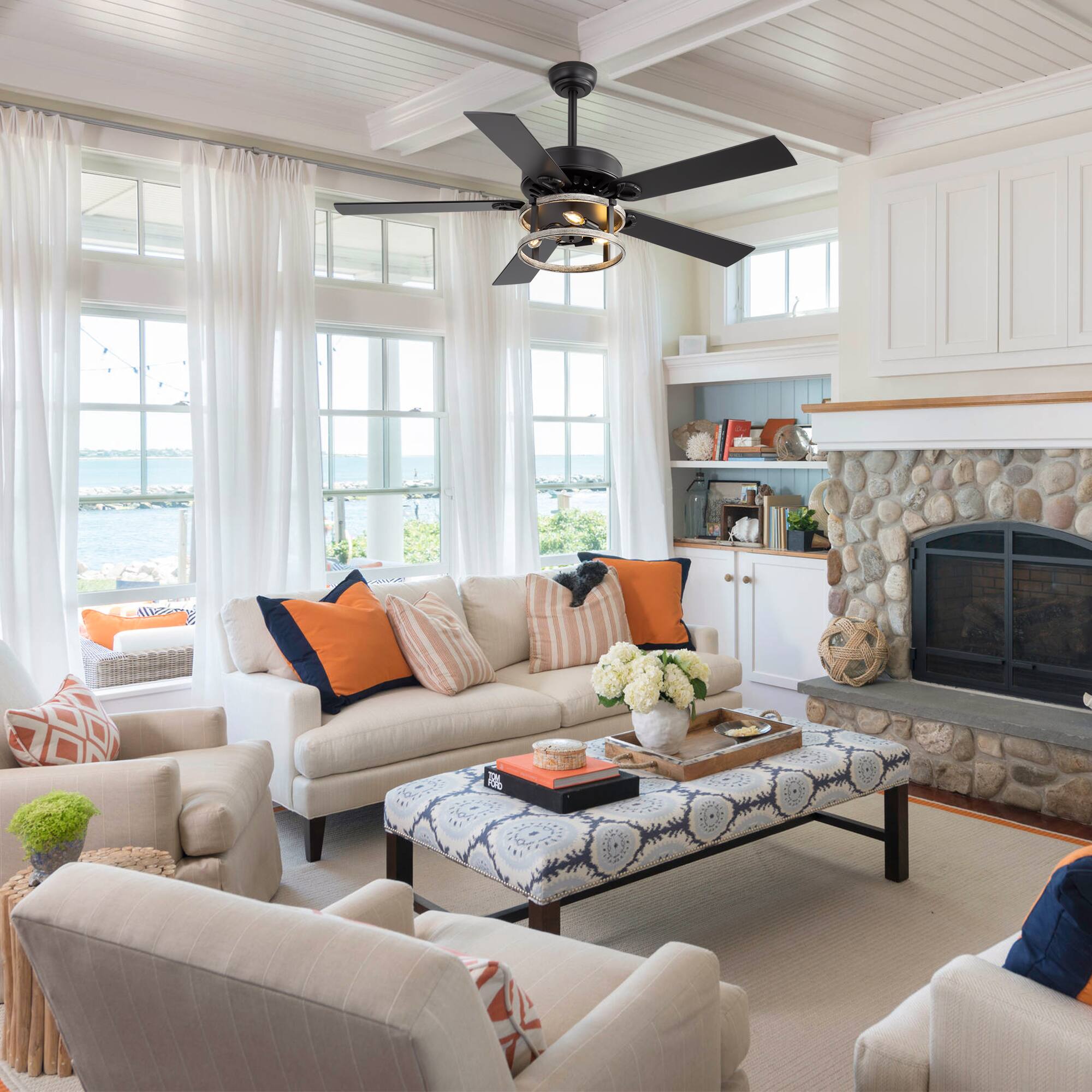 Back. Breezary - 52 Inch Ceiling Fan with Remote, 5 Plywood Dual-Finish Blades, DC Motor, E12x3 Bulb Base, 5"&10" Downrods - matte black and wood grain gray.