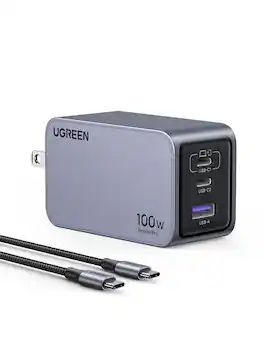 UGREEN - Nexoede Pro 100W USB-C Charger Set, PPS 3-Port Compact Foldable GaN Charger for MacBook Pro/Air, iPad, iPhone Series - Space Gray