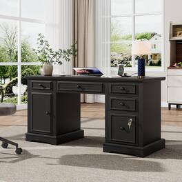 Dyonery - 59" Desk with Storage Cabinet & Power Outlet,Wood Computer Desk with Lockable File Drawer,for Work Study Writing - Black