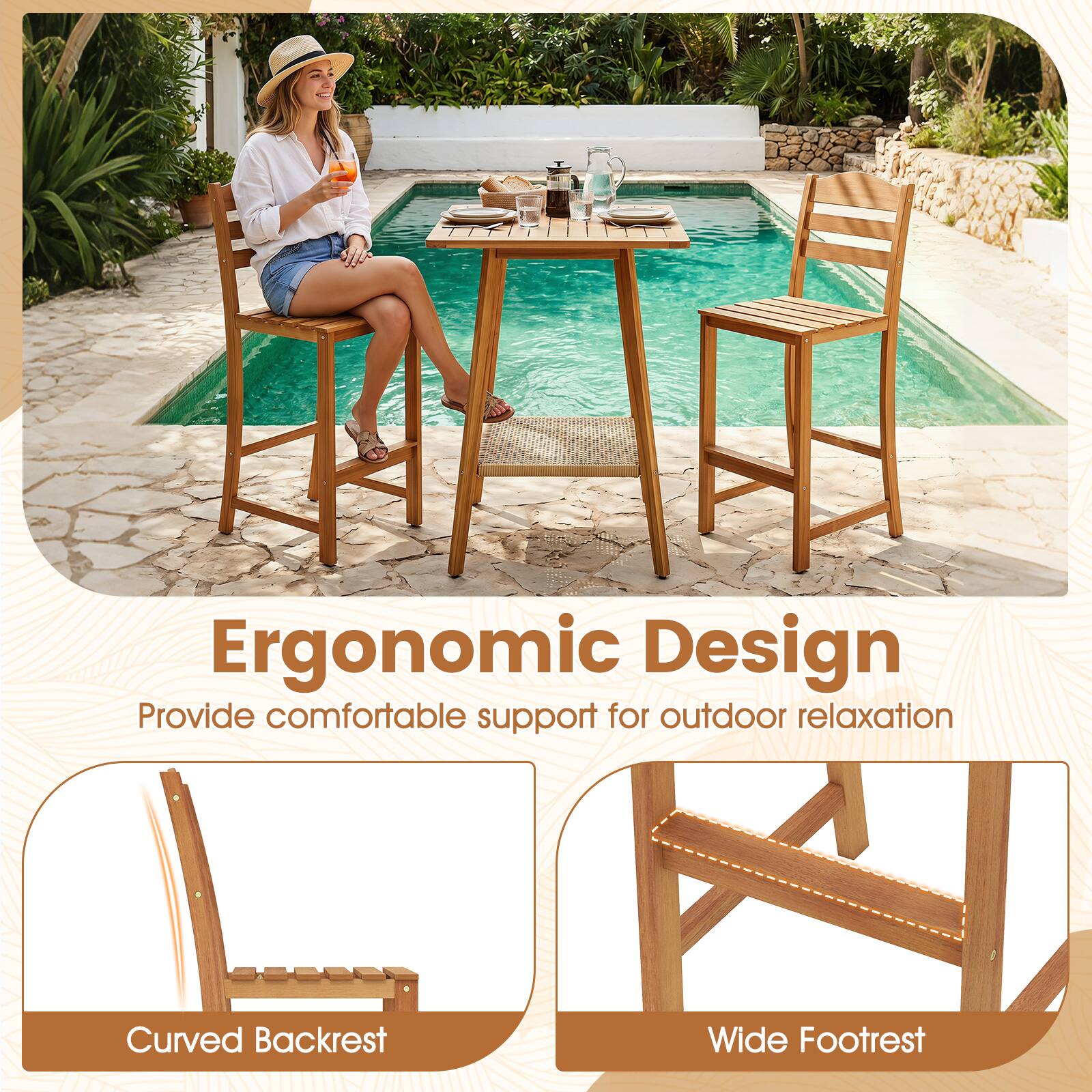 Ergonomic Design  
Provide comfortable support for outdoor relaxation  
Curved Backrest  
Wide Footrest
