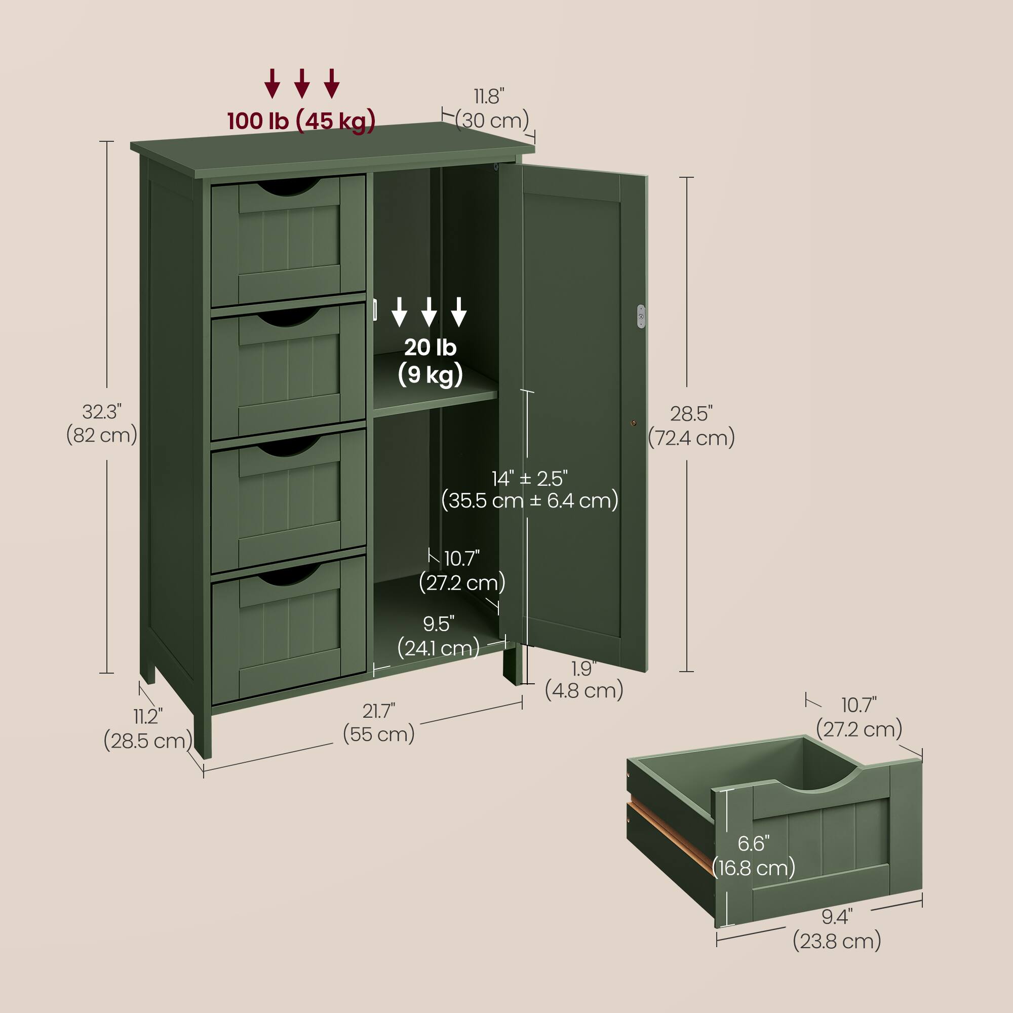 100 lb (45 kg)  
11.8" (30 cm)  
32.3" (82 cm)  
20 lb (9 kg)  
14" (35.5 cm) ± 2.5" (6.4 cm)  
28.5" (72.4 cm)  
11.2" (28.5 cm)  
10.7" (27.2 cm)  
9.5" (24.1 cm)  
21.7" (55 cm)  
1.9" (4.8 cm)  
10.7" (27.2 cm)  
6.6" (16.8 cm)  
9.4" (23.8 cm)