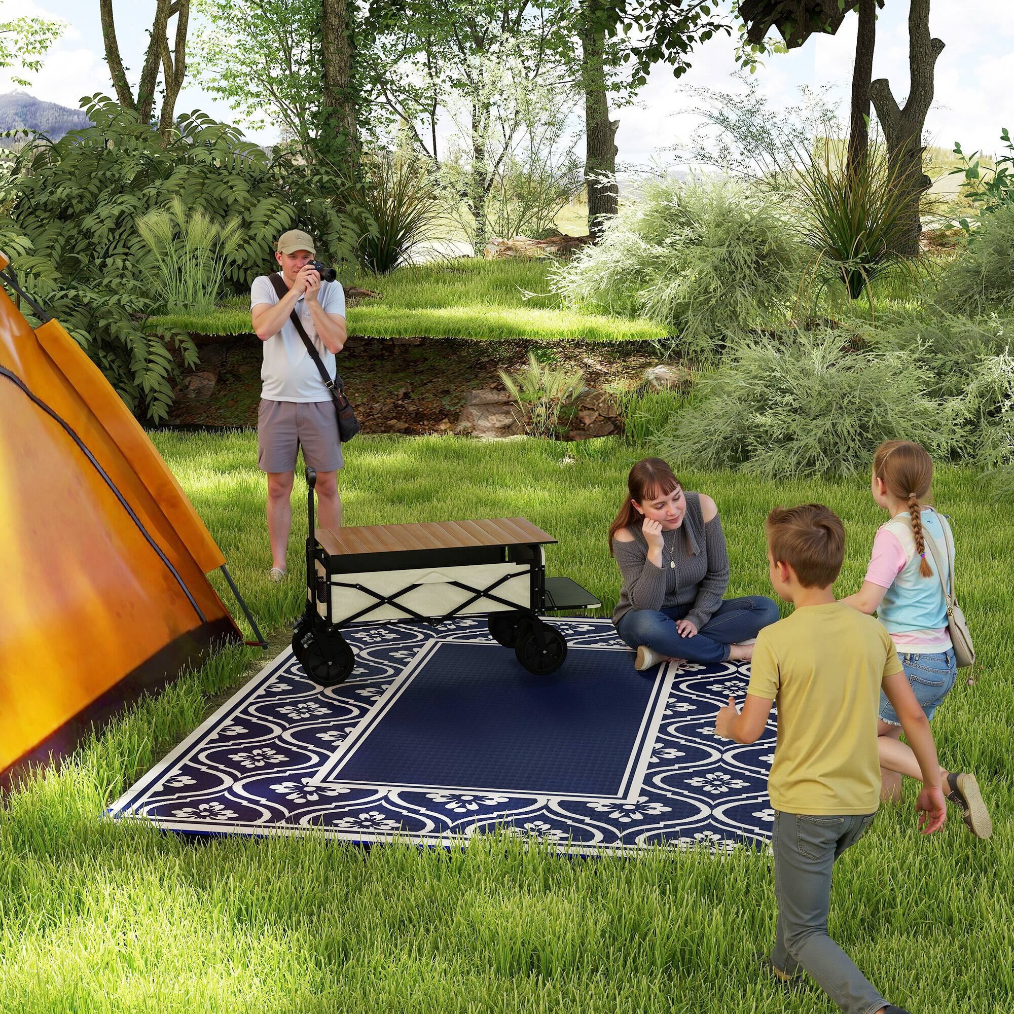 Alt View 1. Outsunny - Outdoor Rug for Patio, 8' x 10' Waterproof Large Mat, Reversible Plastic Straw Rug for Décor - Blue and White Gourd Border.