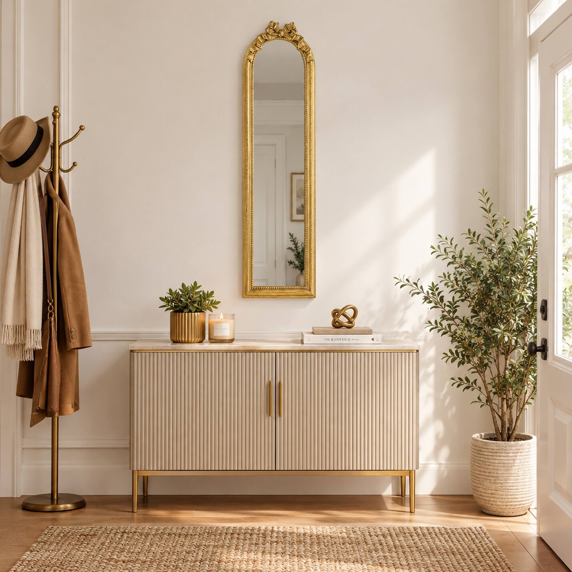 Left. RYHNUYNE - Arched Full Length Mirror, 15.8 x 48.8 in, Gold Finish, Scrollwork Crown, Resin and MDF Frame, Wall Mounted - Gold.