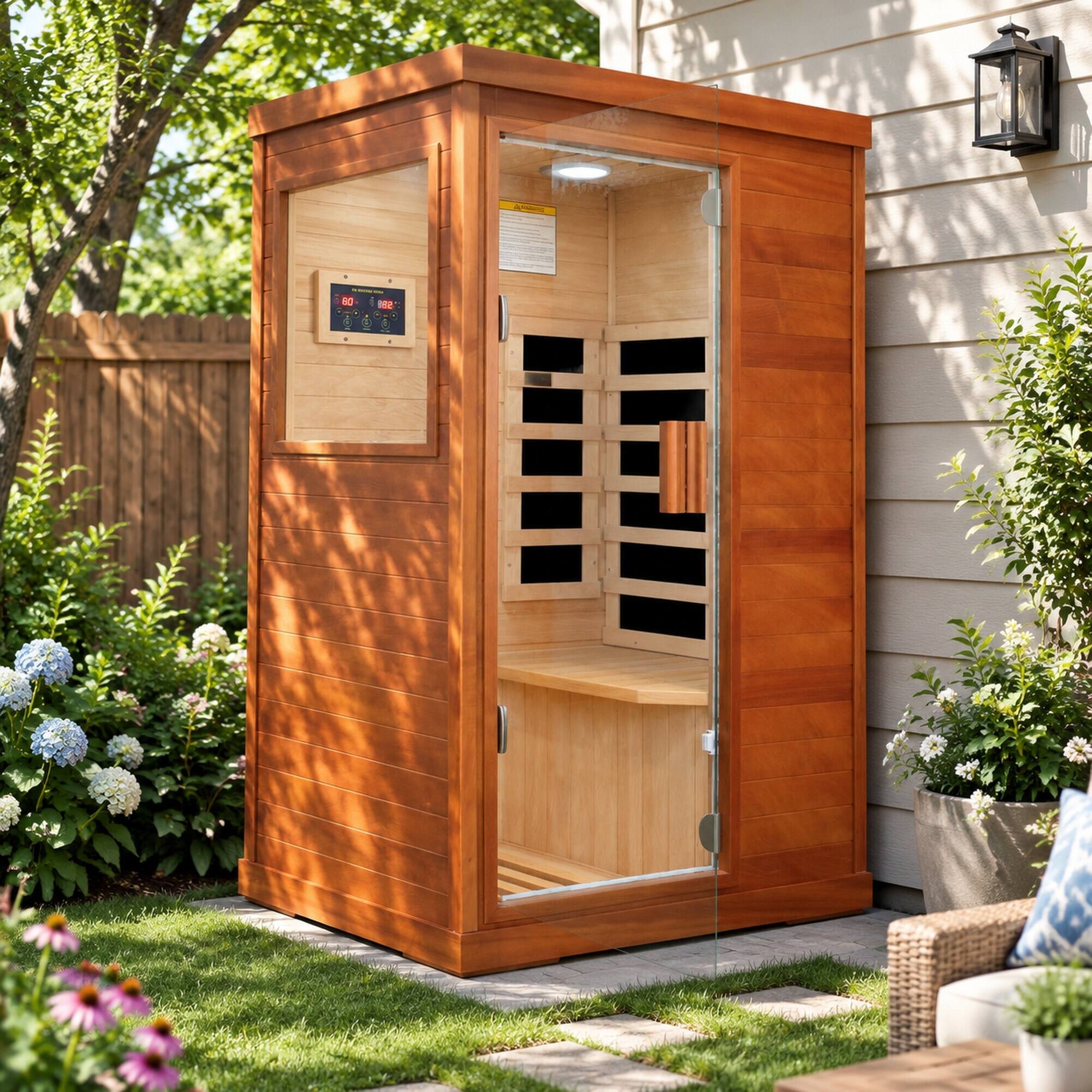 Alt View 2. RYHNUYNE - Infrared Sauna Room, Single Person, 700 x 895 x 1565 mm, Okoume Wood, 800W, 5 Heating Plates, Bluetooth, LED Light - Natural.